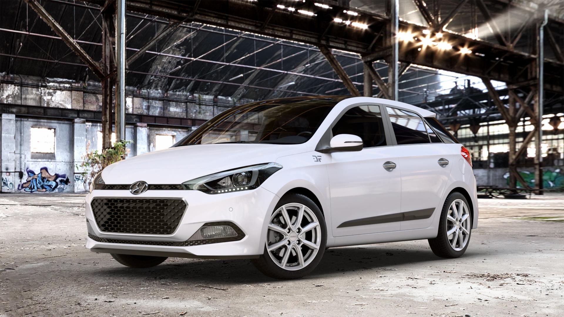 DEZENT TN SILVER Felge mit Reifen silber in 16Zoll Winterfelge Alufelge auf weissem Hyundai i20 Typ GB Coupe Facelift ⬇️ mit 15mm Tieferlegung ⬇️ Old Industrial Hall_max_4400mm_2024 Frontansicht_1