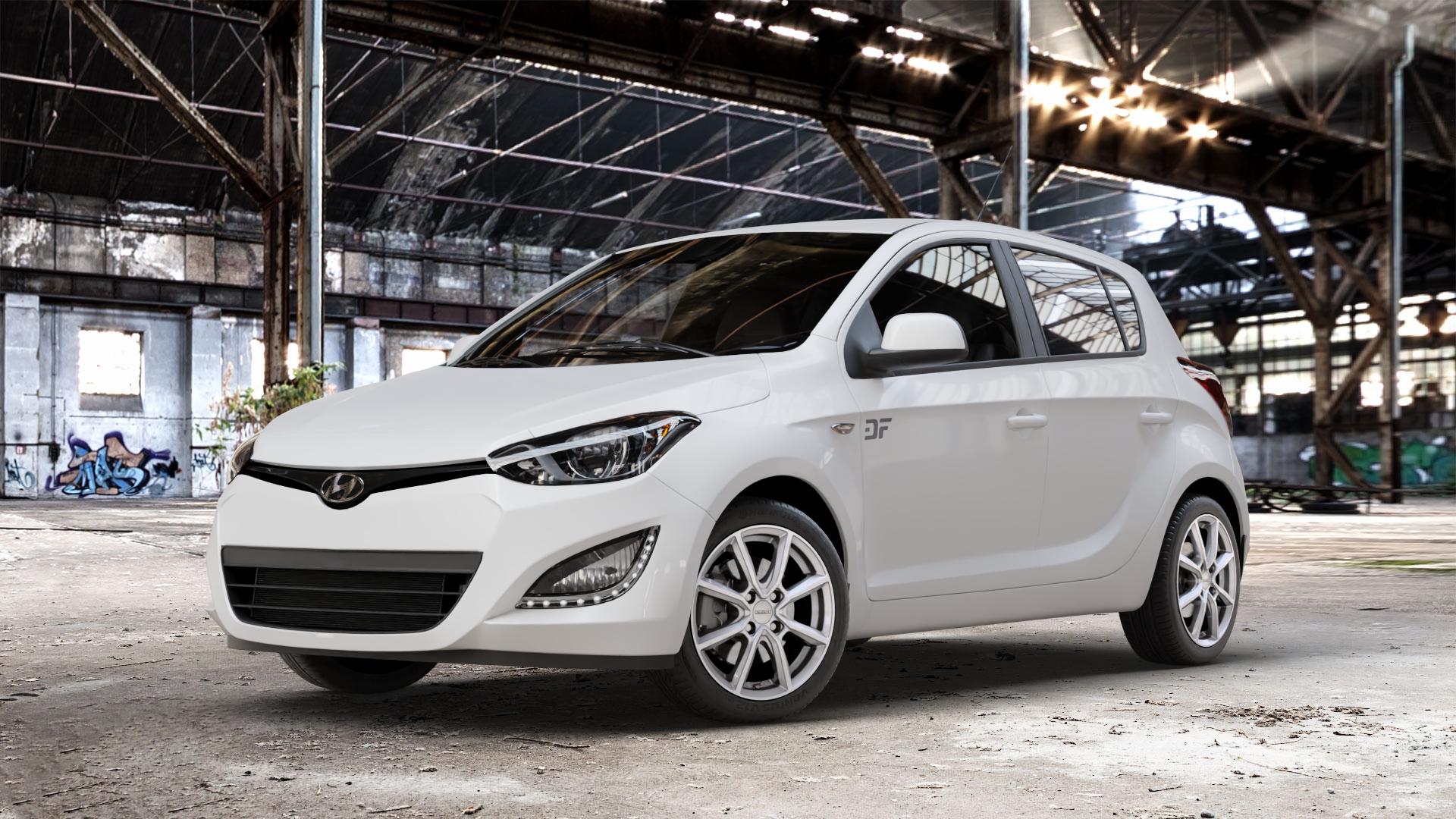 DEZENT TN SILVER Felge mit Reifen silber in 16Zoll Winterfelge Alufelge auf weissem Hyundai i20 Typ PB, PBT Facelift (12->) ⬇️ mit 15mm Tieferlegung ⬇️ Old Industrial Hall_max_4400mm_2024 Frontansicht_1