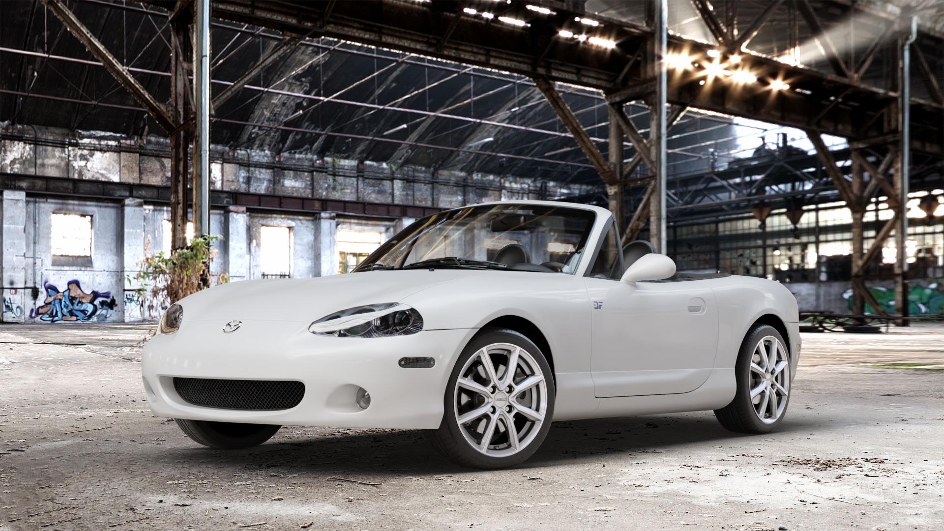 DEZENT TN SILVER Felge mit Reifen silber in 16Zoll Winterfelge Alufelge auf weissem Mazda MX-5 II (NB) ⬇️ mit 15mm Tieferlegung ⬇️ Old Industrial Hall_max_4400mm_2024 Frontansicht_1
