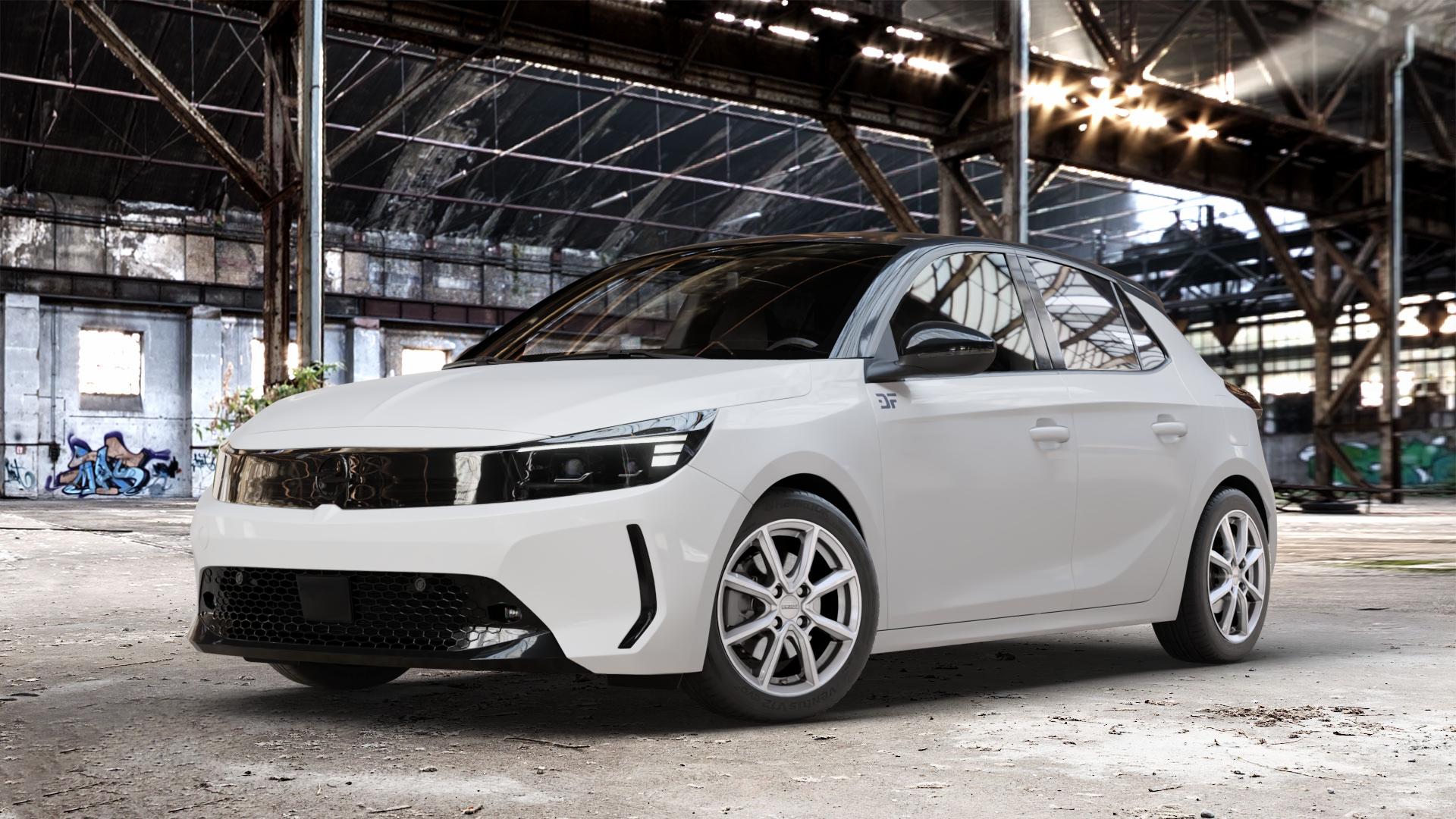 DEZENT TN SILVER Felge mit Reifen silber in 16Zoll Winterfelge Alufelge auf weissem Opel Corsa F Typ U Facelift 1,2l 55kW (75 PS) Turbo 74kW (101 96kW (131 1,5l D 75kW (102 ⬇️ mit 15mm Tieferlegung ⬇️ Old Industrial Hall_max_4400mm_2024 Frontansicht_1
