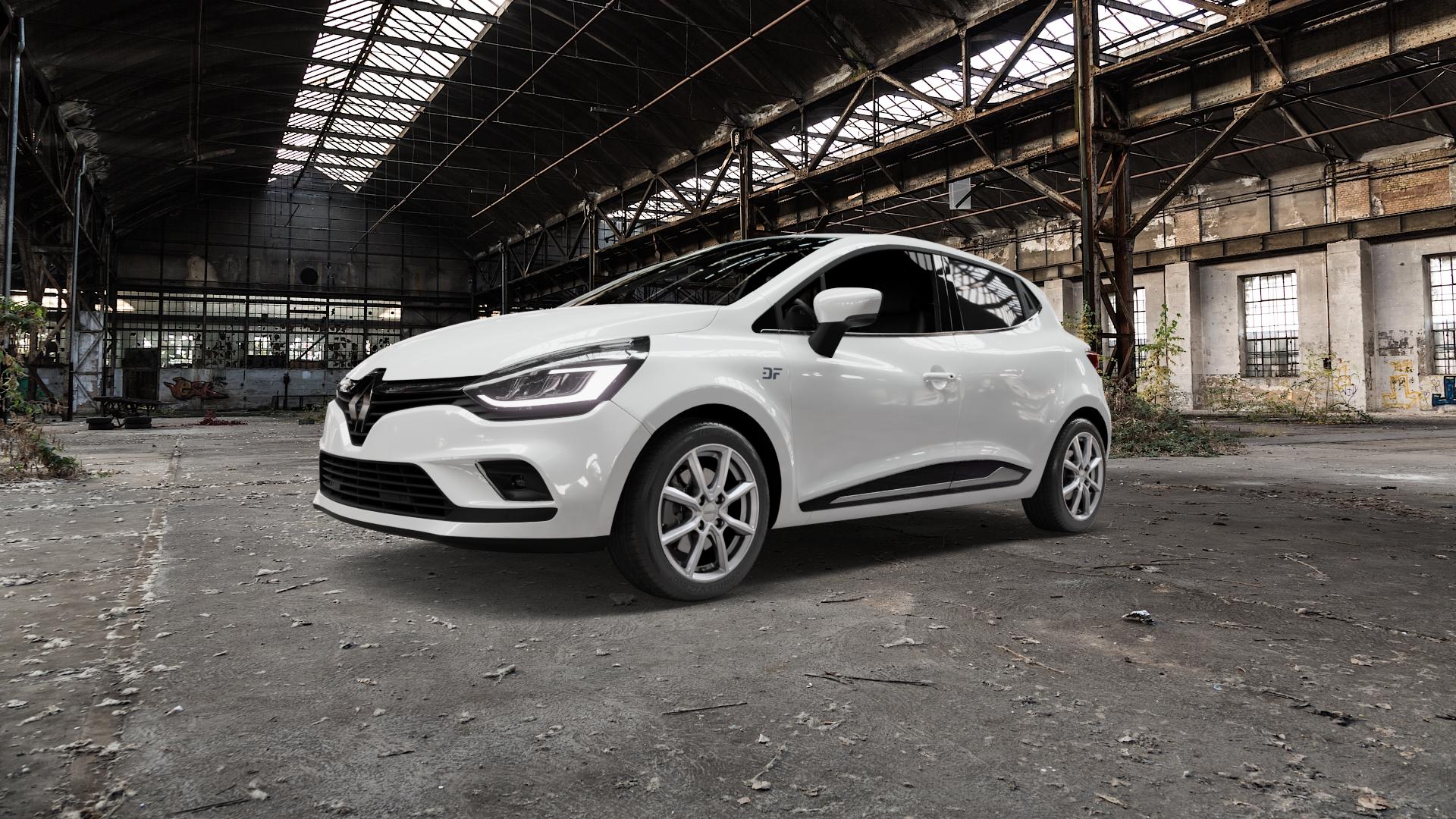 DEZENT TN SILVER Felge mit Reifen silber in 16Zoll Winterfelge Alufelge auf weissem Renault Clio IV Typ R Facelift ⬇️ mit 15mm Tieferlegung ⬇️ Old Industrial Hall_max5000mm_2022 Frontansicht_1