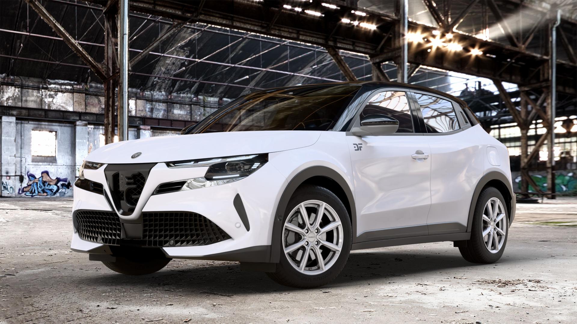 DEZENT TN SILVER Felge mit Reifen silber in 17Zoll Winterfelge Alufelge auf weissem Alfa Romeo Junior Typ FH1 0,0l 62kW Elettrica (84 PS) 105kW Veloce (143 1,2l 100kW Ibrida (136 ⬇️ mit 15mm Tieferlegung ⬇️ Old Industrial Hall_max_4400mm_2024 Frontansicht_1