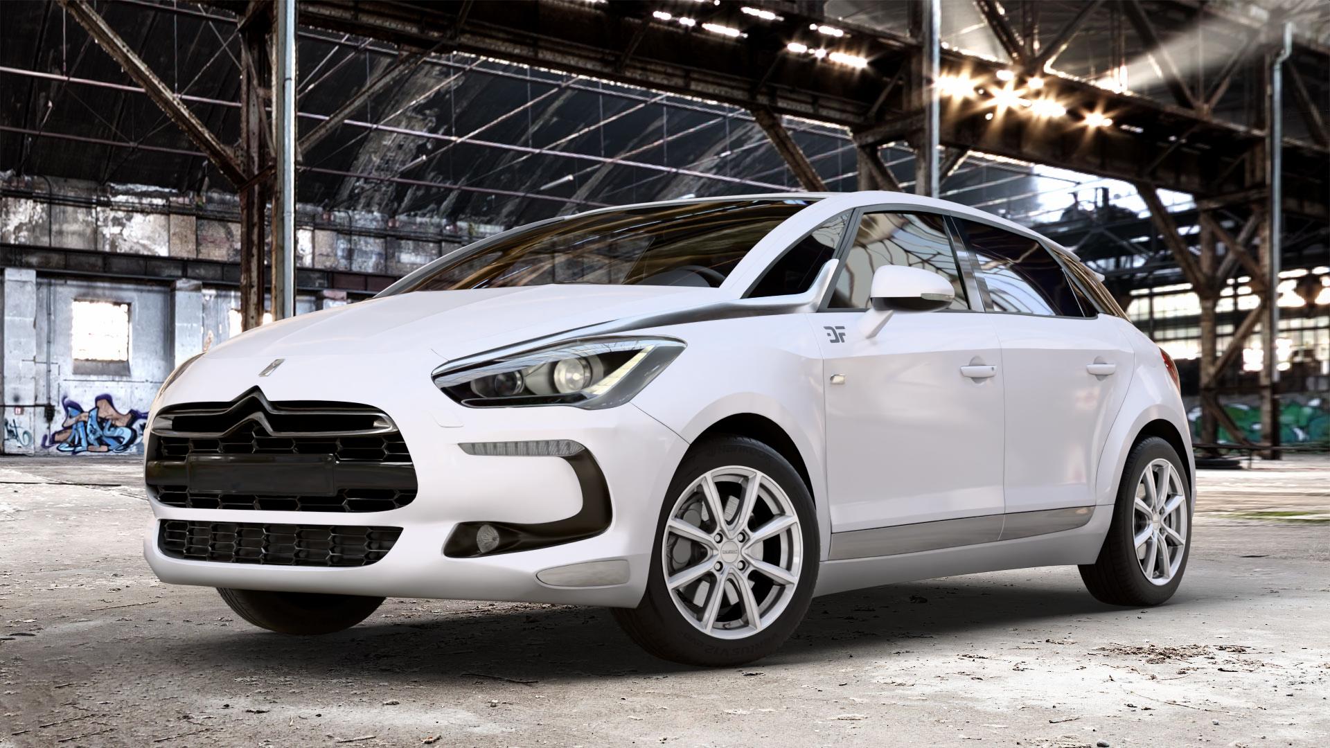 DEZENT TN SILVER Felge mit Reifen silber in 17Zoll Winterfelge Alufelge auf weissem Citroen DS5 Typ K DS Automobiles ⬇️ mit 15mm Tieferlegung ⬇️ Old Industrial Hall_max_4400mm_2024 Frontansicht_1