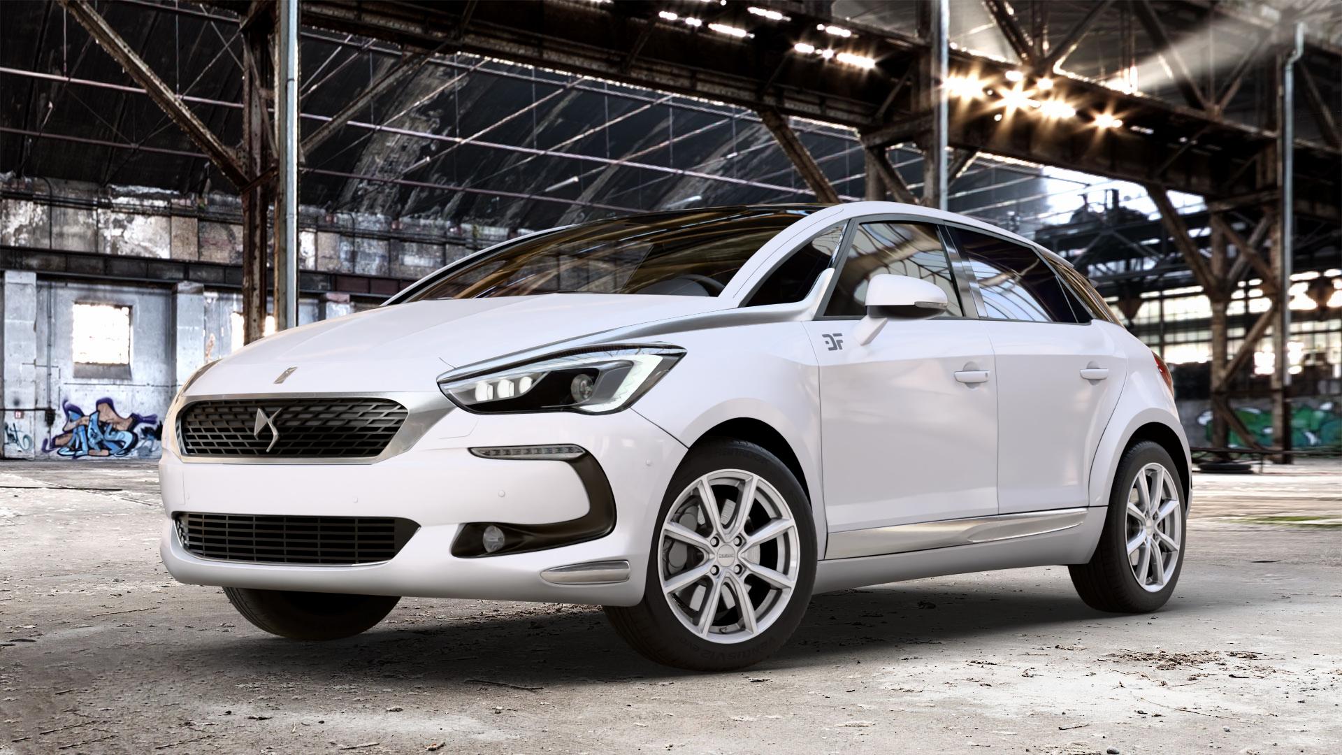 DEZENT TN SILVER Felge mit Reifen silber in 17Zoll Winterfelge Alufelge auf weissem DS Automobiles DS5 Typ K Facelift ⬇️ mit 15mm Tieferlegung ⬇️ Old Industrial Hall_max_4400mm_2024 Frontansicht_1