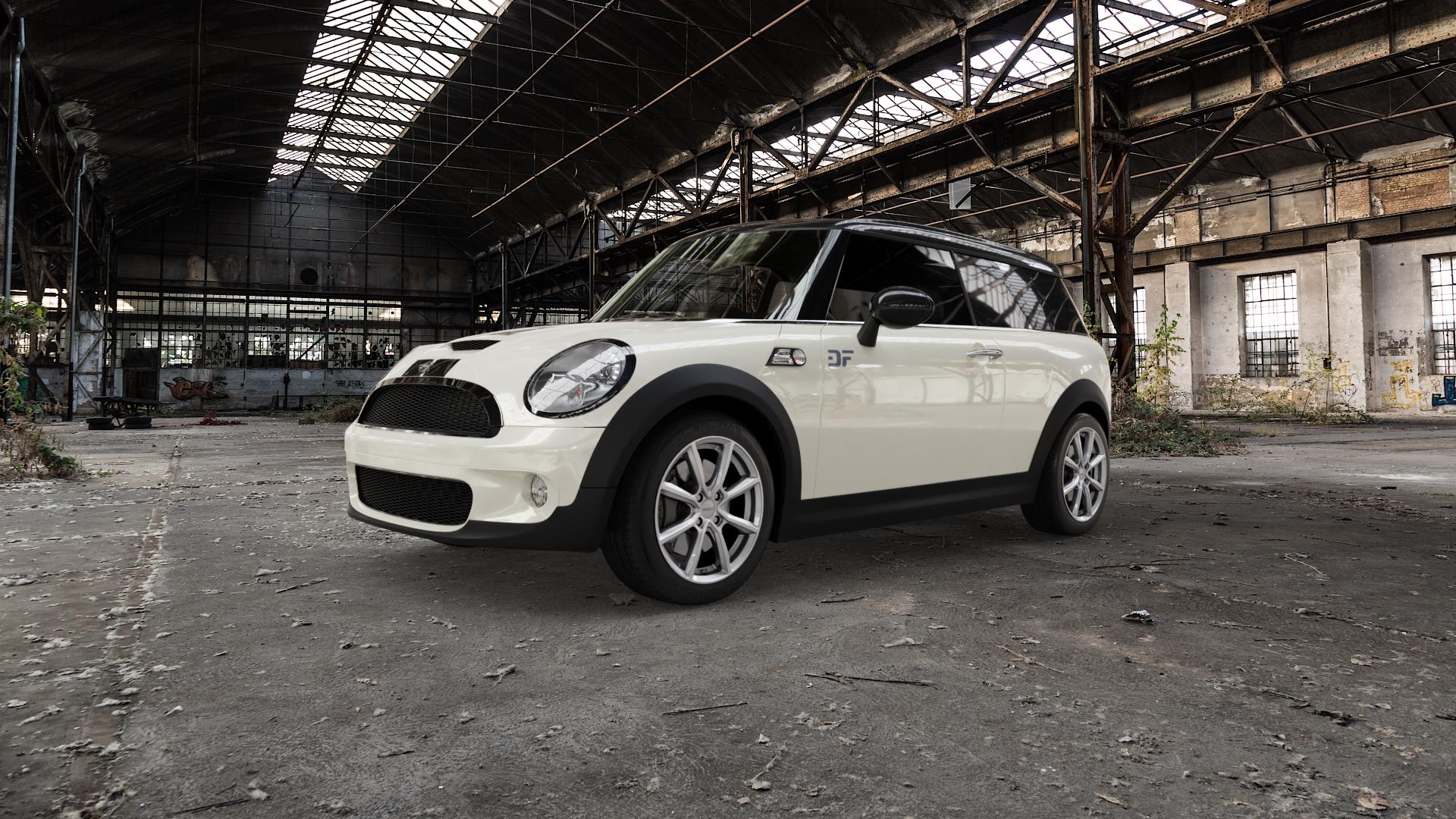 DEZENT TN SILVER Felge mit Reifen silber in 17Zoll Winterfelge Alufelge auf weissem Mini R55 Typ UKL-K (Clubman) MINI-N ⬇️ mit 15mm Tieferlegung ⬇️ Old Industrial Hall_max5000mm_2022 Frontansicht_1
