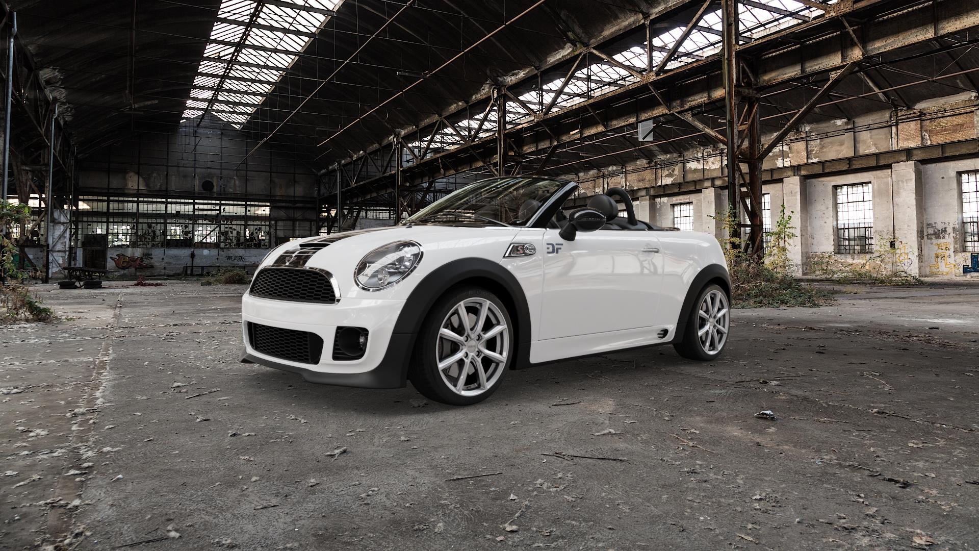 DEZENT TN SILVER Felge mit Reifen silber in 17Zoll Winterfelge Alufelge auf weissem Mini R59 Typ UKL-C (Roadster) ⬇️ mit 15mm Tieferlegung ⬇️ Old Industrial Hall_max5000mm_2022 Frontansicht_1