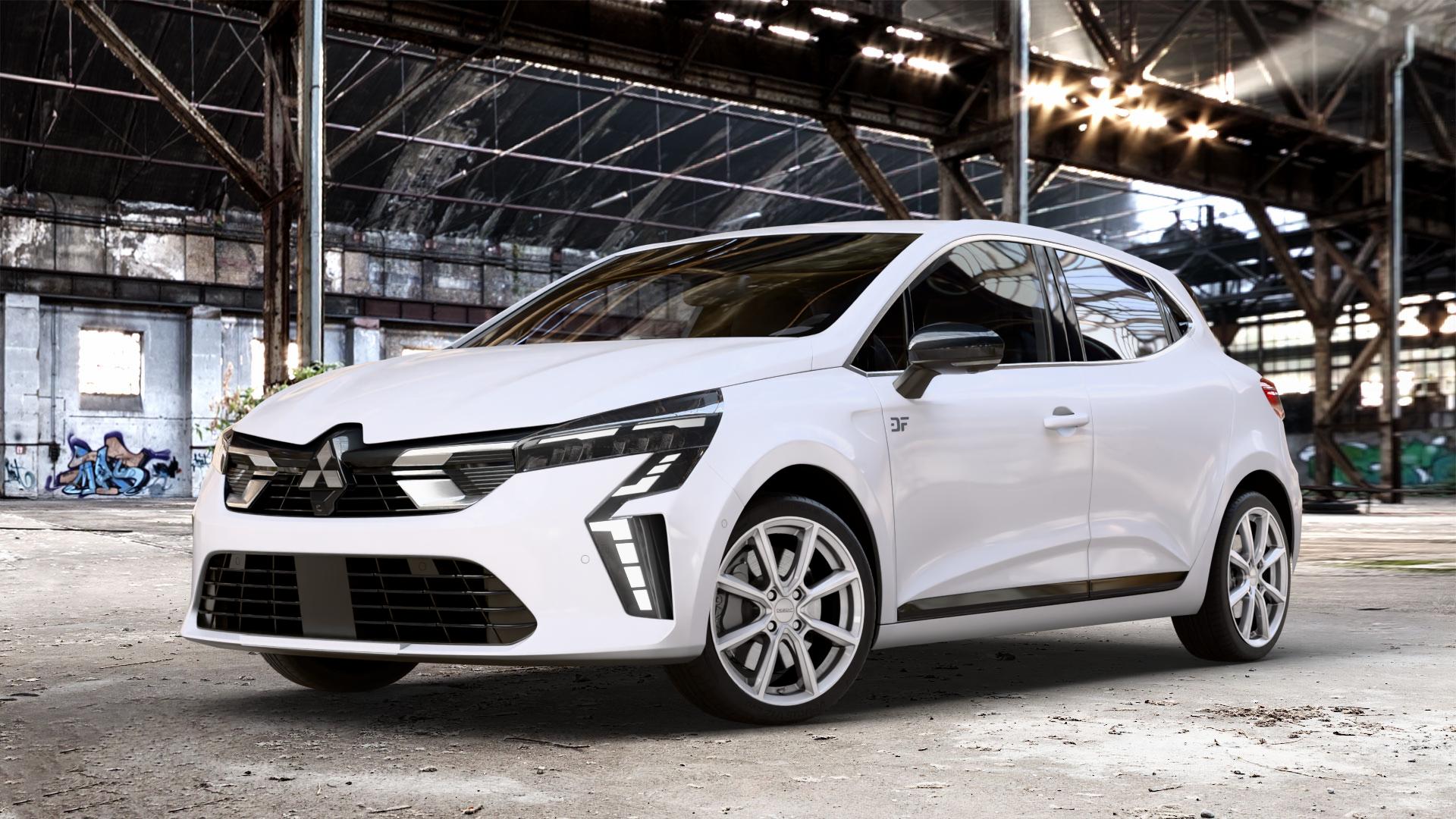 DEZENT TN SILVER Felge mit Reifen silber in 17Zoll Winterfelge Alufelge auf weissem Mitsubishi Colt VII Typ RJA 1,0l 49kW (67 PS) Turbo 67kW (91 1,6l 69kW Mild-Hybrid (94 ⬇️ mit 15mm Tieferlegung ⬇️ Old Industrial Hall_max_4400mm_2024 Frontansicht_1