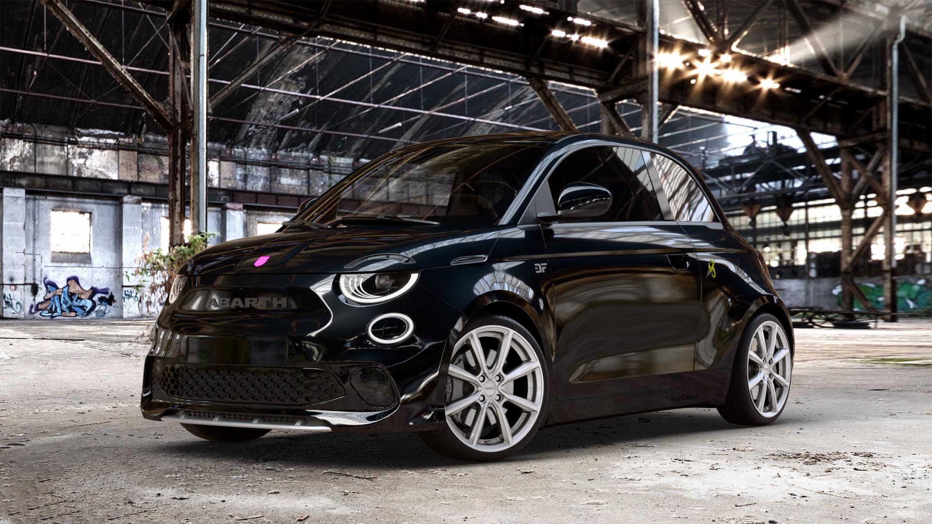 DEZENT TN SILVER Felge mit Reifen silber in 18Zoll Winterfelge Alufelge auf schwarzem Fiat 500e Abarth Typ FA1 ⬇️ mit 15mm Tieferlegung ⬇️ Old Industrial Hall_max_4400mm_2024 Frontansicht_1
