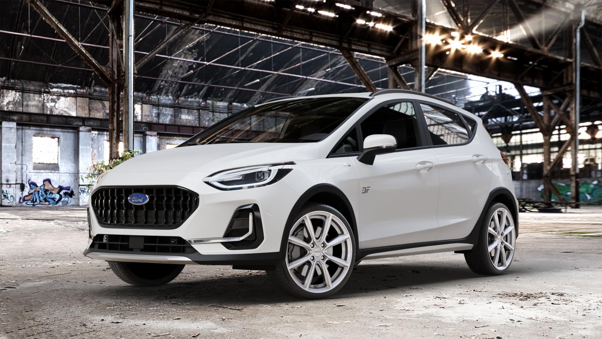 DEZENT TN SILVER Felge mit Reifen silber in 18Zoll Winterfelge Alufelge auf weissem Ford Fiesta VII Typ JHH Active Facelift ⬇️ mit 15mm Tieferlegung ⬇️ Old Industrial Hall_max_4400mm_2024 Frontansicht_1