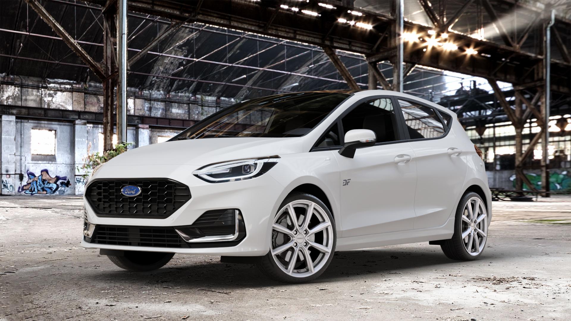 DEZENT TN SILVER Felge mit Reifen silber in 18Zoll Winterfelge Alufelge auf weissem Ford Fiesta VII Typ JHH Facelift 1,0l EcoBoost 74kW (101 PS) 92kW (125 Mild-Hybrid 114kW (155 1,1l 55kW (75 ⬇️ mit 15mm Tieferlegung ⬇️ Old Industrial Hall_max_4400mm_2024 Frontansicht_1