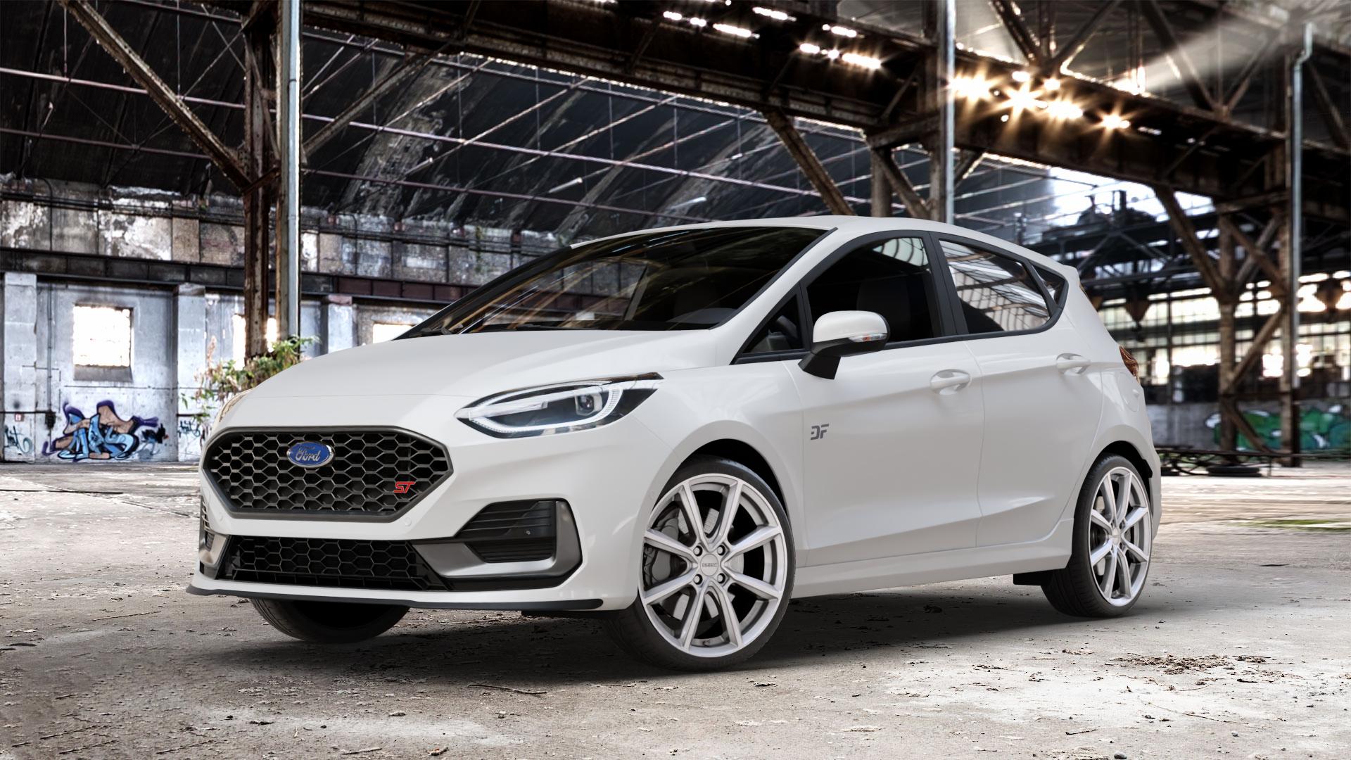 DEZENT TN SILVER Felge mit Reifen silber in 18Zoll Winterfelge Alufelge auf weissem Ford Fiesta VII Typ JHH Facelift 1,5l EcoBoost 147kW ST (200 PS) ⬇️ mit 15mm Tieferlegung ⬇️ Old Industrial Hall_max_4400mm_2024 Frontansicht_1