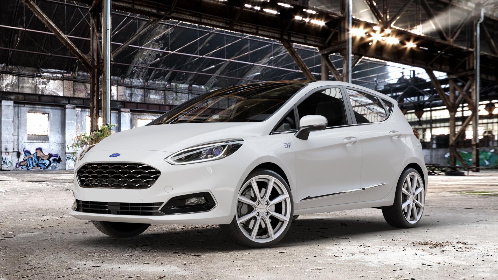 DEZENT TN SILVER Felge mit Reifen silber in 18Zoll Winterfelge Alufelge auf weissem Ford Fiesta VII Typ JHH ⬇️ mit 15mm Tieferlegung ⬇️ Old Industrial Hall_max_4400mm_2024 Frontansicht_1