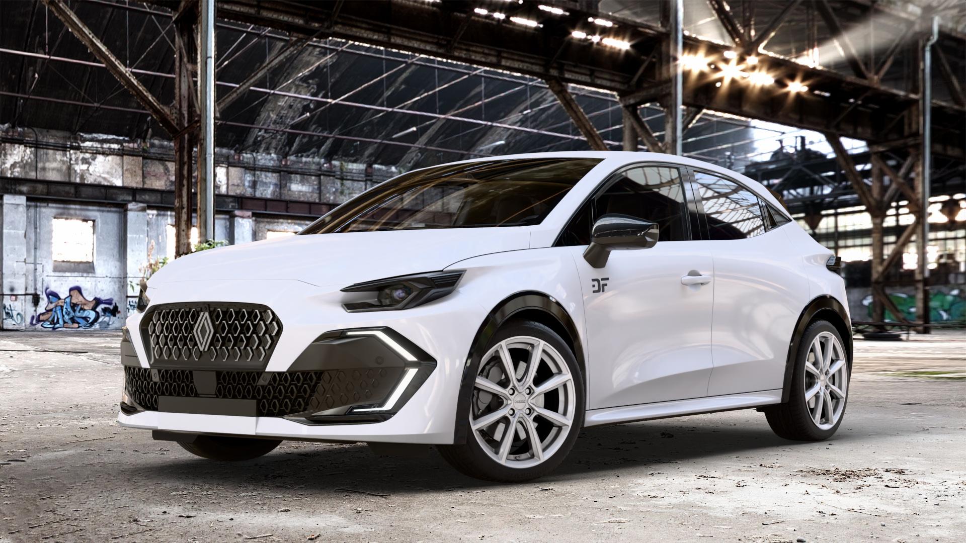 DEZENT TN SILVER Felge mit Reifen silber in 18Zoll Winterfelge Alufelge auf weissem Renault Clio VI Typ R03 ⬇️ mit 15mm Tieferlegung ⬇️ Old Industrial Hall_max_4400mm_2024 Frontansicht_1