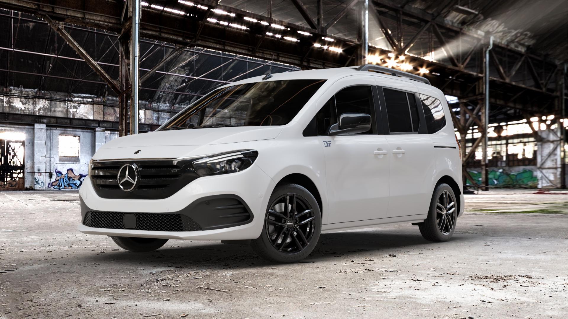 DEZENT TR BLACK Felge mit Reifen schwarz in 17Zoll Winterfelge Alufelge auf weissem Mercedes EQT Typ MFK ⬇️ mit 15mm Tieferlegung ⬇️ Old Industrial Hall_max_5300mm_2024 Frontansicht_1