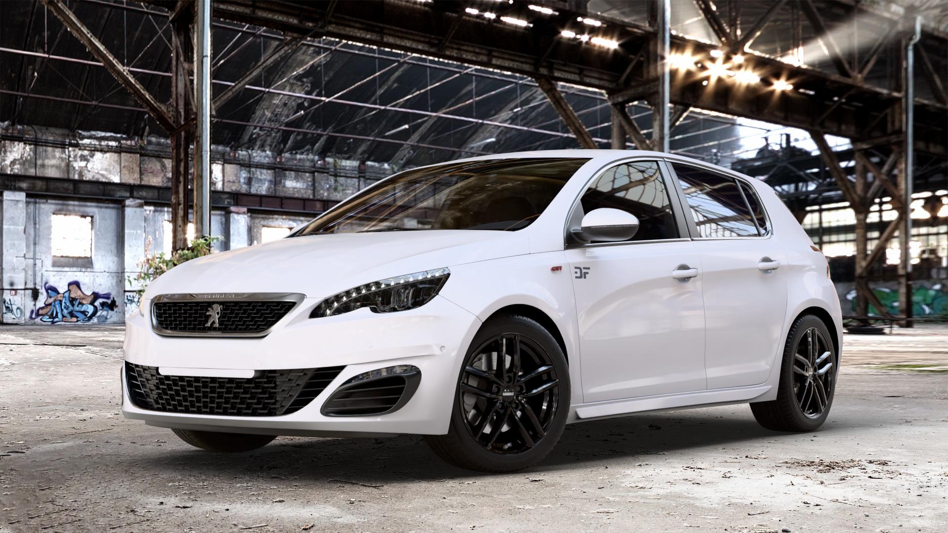 DEZENT TR BLACK Felge mit Reifen schwarz in 17Zoll Winterfelge Alufelge auf weissem Peugeot 308 II Typ L Facelift ⬇️ mit 15mm Tieferlegung ⬇️ Old Industrial Hall_max_4400mm_2024 Frontansicht_1