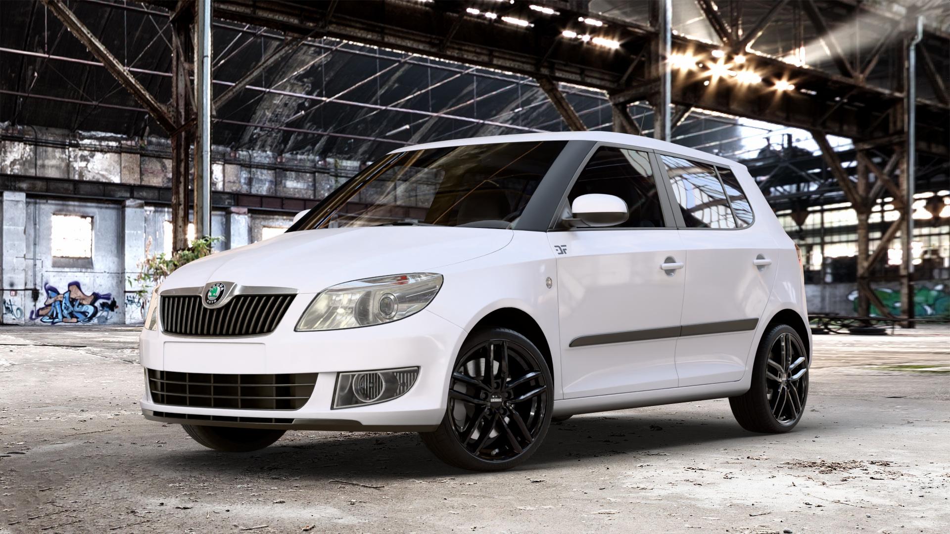 DEZENT TR BLACK Felge mit Reifen schwarz in 17Zoll Winterfelge Alufelge auf weissem Skoda Fabia II Typ 5J Facelift ⬇️ mit 15mm Tieferlegung ⬇️ Old Industrial Hall_max_4400mm_2024 Frontansicht_1
