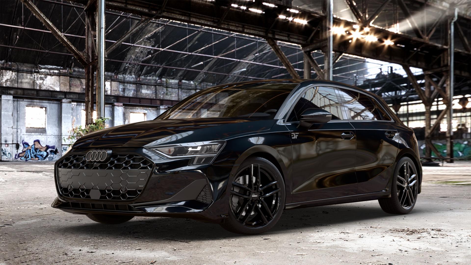 DEZENT TR BLACK Felge mit Reifen schwarz in 18Zoll Winterfelge Alufelge auf metallic schwarzem Audi A3 Typ GY (Sportback) Facelift 2,0l 30 TDI 85kW (116 PS) 1,5l TFSI Mild-Hybrid 35 110kW (150 PHEV 200 130kW Hybrid (177 150 ⬇️ mit 15mm Tieferlegung ⬇️ Old Industrial Hall_max_4400mm_2024 Frontansicht_1