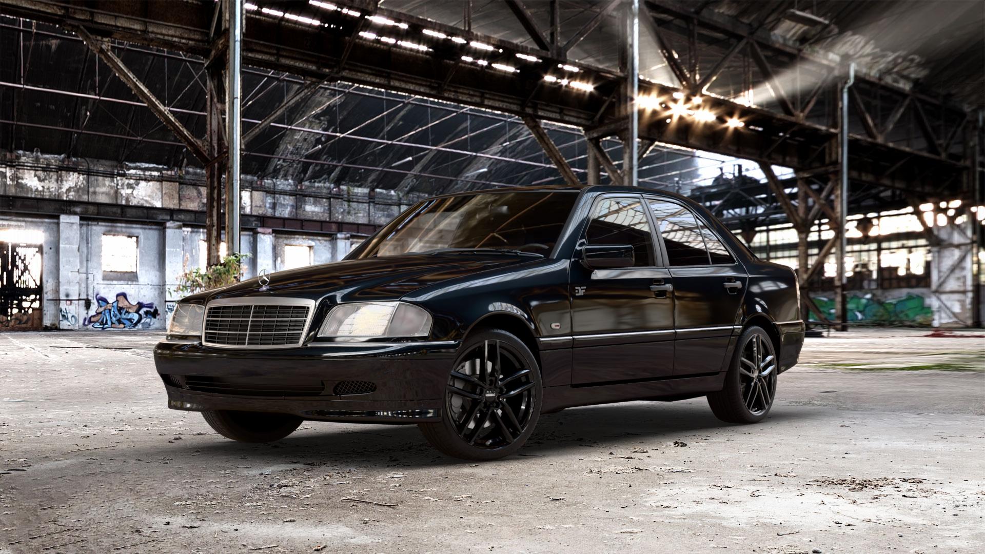 DEZENT TR BLACK Felge mit Reifen schwarz in 18Zoll Winterfelge Alufelge auf metallic schwarzem Mercedes C-Klasse Typ W202 Limousine ⬇️ mit 15mm Tieferlegung ⬇️ Old Industrial Hall_max_5300mm_2024 Frontansicht_1