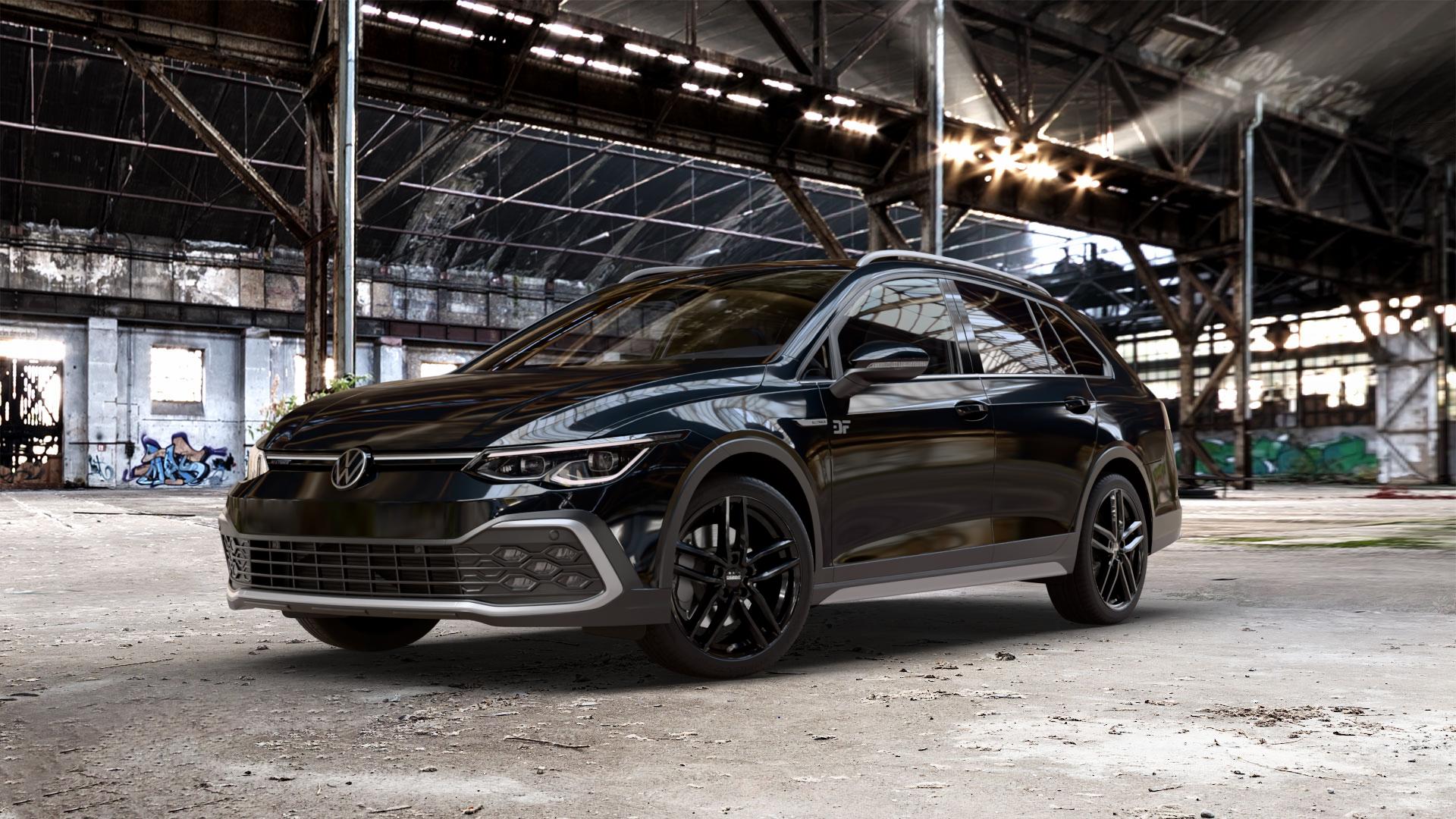 DEZENT TR BLACK Felge mit Reifen schwarz in 18Zoll Winterfelge Alufelge auf metallic schwarzem Volkswagen (VW) Golf 8 Variant Alltrack 2,0l TDI 4Motion 147kW (200 PS) ⬇️ mit 15mm Tieferlegung ⬇️ Old Industrial Hall_max_5300mm_2024 Frontansicht_1