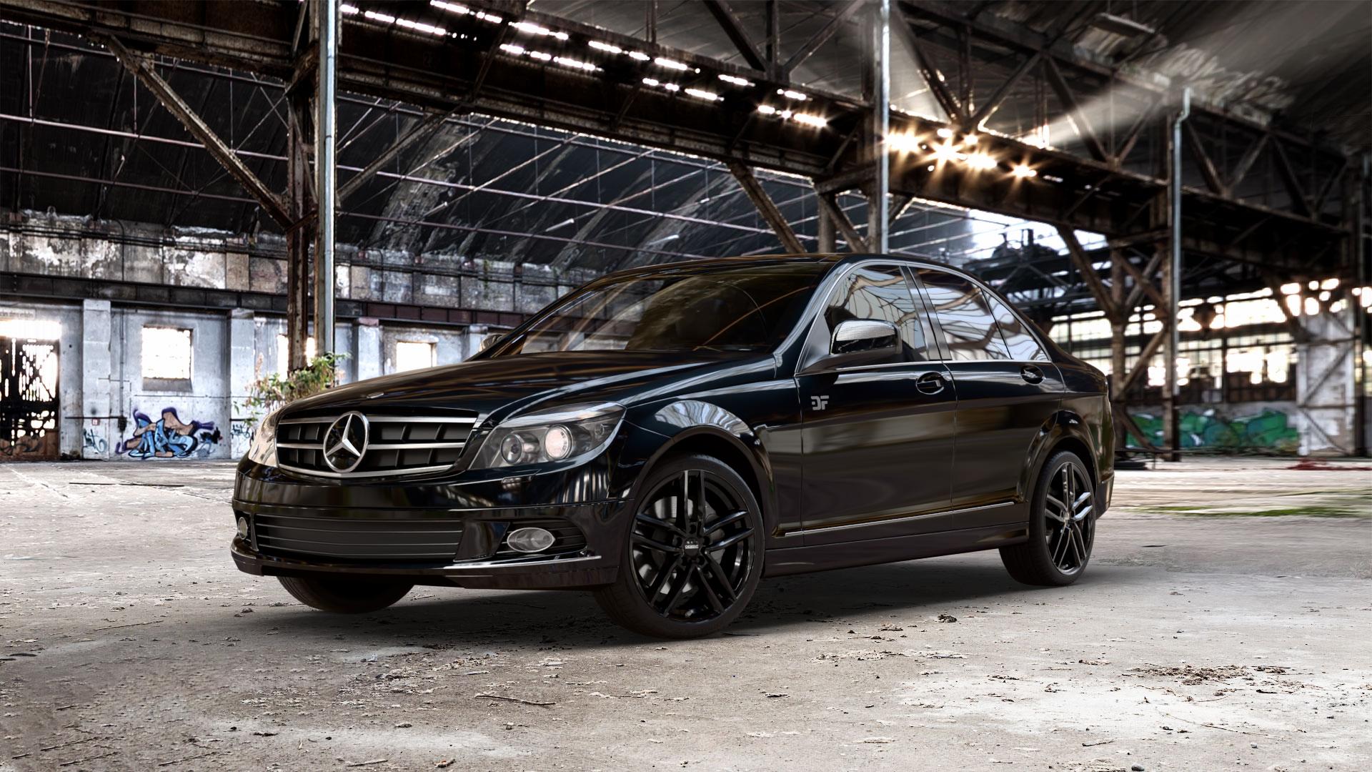 DEZENT TR BLACK Felge mit Reifen schwarz in 18Zoll Winterfelge Alufelge auf schwarzem metallic Mercedes C-Klasse Typ W204 Limousine ⬇️ mit 15mm Tieferlegung ⬇️ Old Industrial Hall_max_5300mm_2024 Frontansicht_1