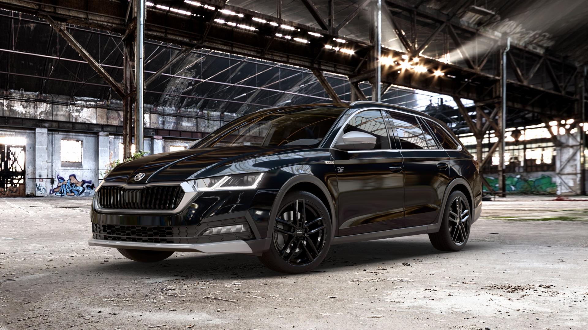 DEZENT TR BLACK Felge mit Reifen schwarz in 18Zoll Winterfelge Alufelge auf schwarzem metallic Skoda Octavia IV Scout Typ NX ⬇️ mit 15mm Tieferlegung ⬇️ Old Industrial Hall_max_5300mm_2024 Frontansicht_1