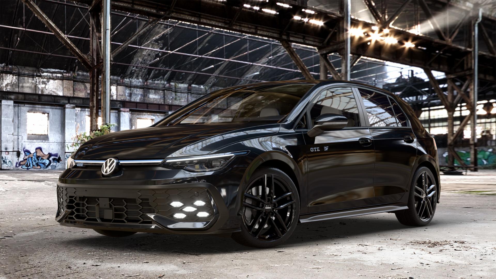 DEZENT TR BLACK Felge mit Reifen schwarz in 18Zoll Winterfelge Alufelge auf schwarzem Volkswagen (VW) Golf 8 Facelift 1,5l TSI GTE 130kW Hybrid (177 PS) ⬇️ mit 15mm Tieferlegung ⬇️ Old Industrial Hall_max_4400mm_2024 Frontansicht_1