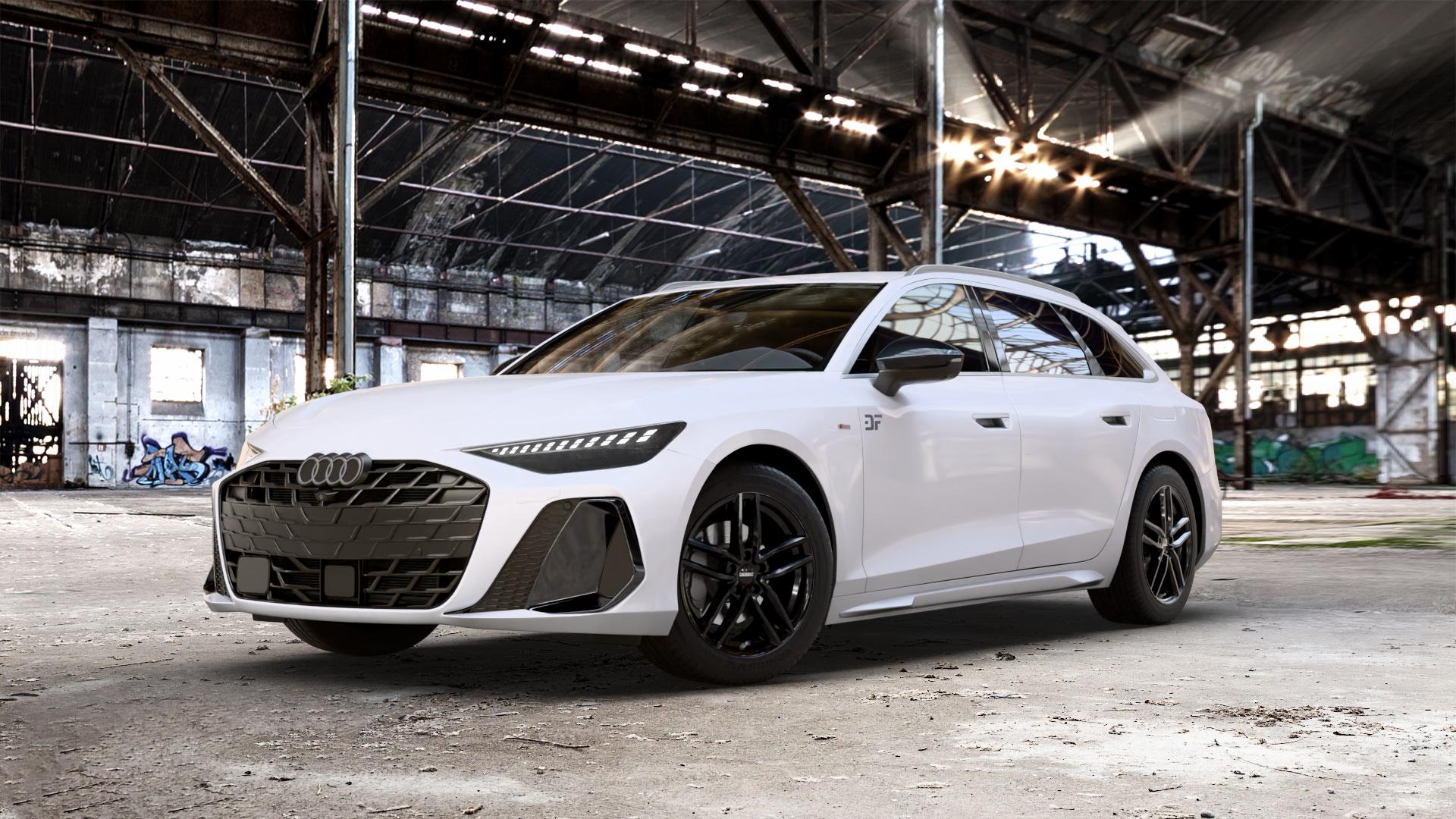 DEZENT TR BLACK Felge mit Reifen schwarz in 18Zoll Winterfelge Alufelge auf weissem Audi A6 Typ F2/C9 (Avant) ⬇️ mit 15mm Tieferlegung ⬇️ Old Industrial Hall_max_5300mm_2024 Frontansicht_1