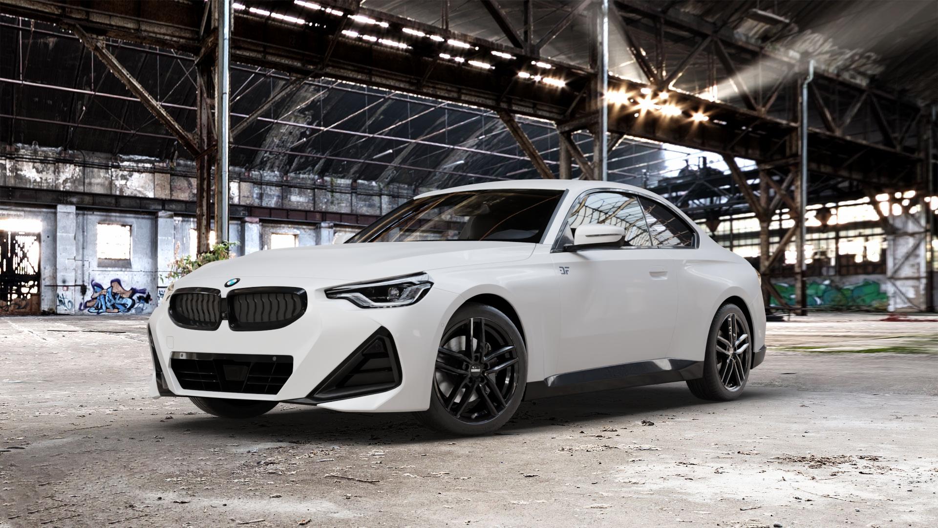 DEZENT TR BLACK Felge mit Reifen schwarz in 18Zoll Winterfelge Alufelge auf weissem BMW 2er G42 Coupé (G2C) ⬇️ mit 15mm Tieferlegung ⬇️ Old Industrial Hall_max_5300mm_2024 Frontansicht_1