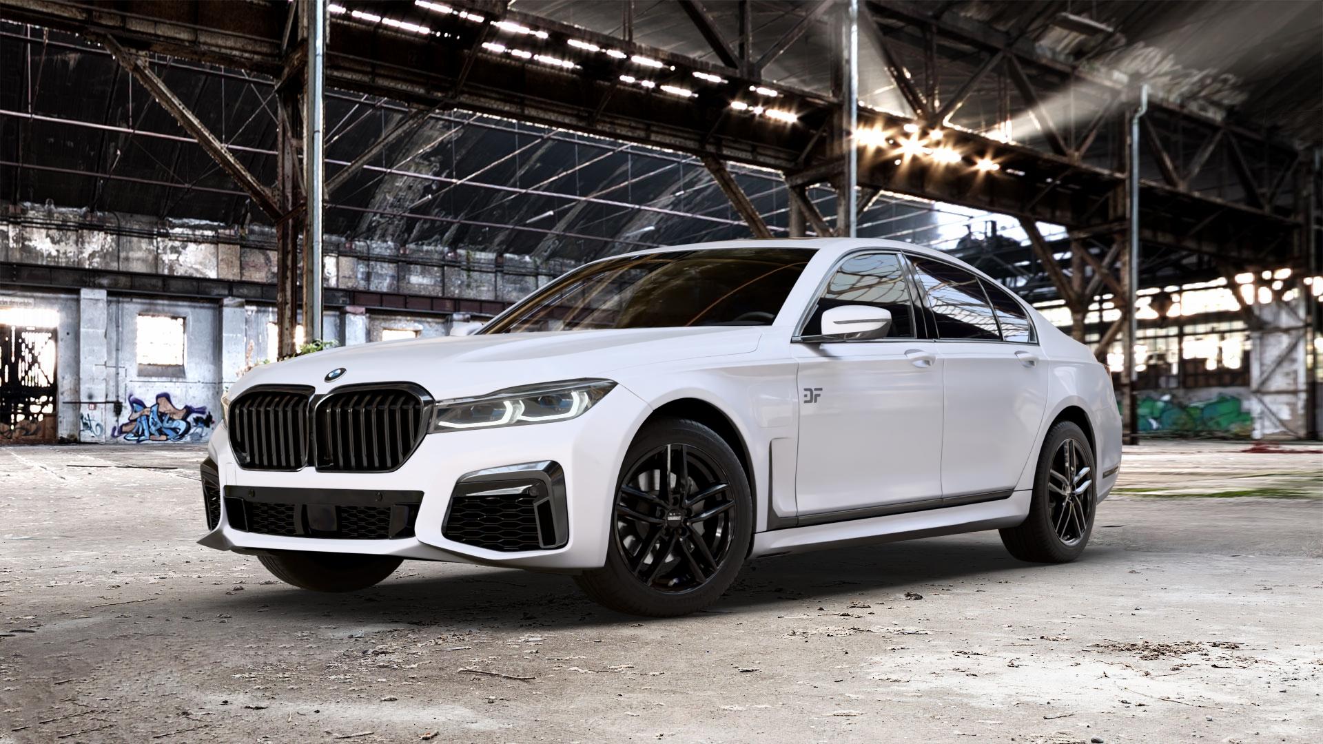 DEZENT TR BLACK Felge mit Reifen schwarz in 18Zoll Winterfelge Alufelge auf weissem BMW 730i Typ G11 Facelift 740i 745e 750i xDrive 7er Limousine (7L) ⬇️ mit 15mm Tieferlegung ⬇️ Old Industrial Hall_max_5300mm_2024 Frontansicht_1