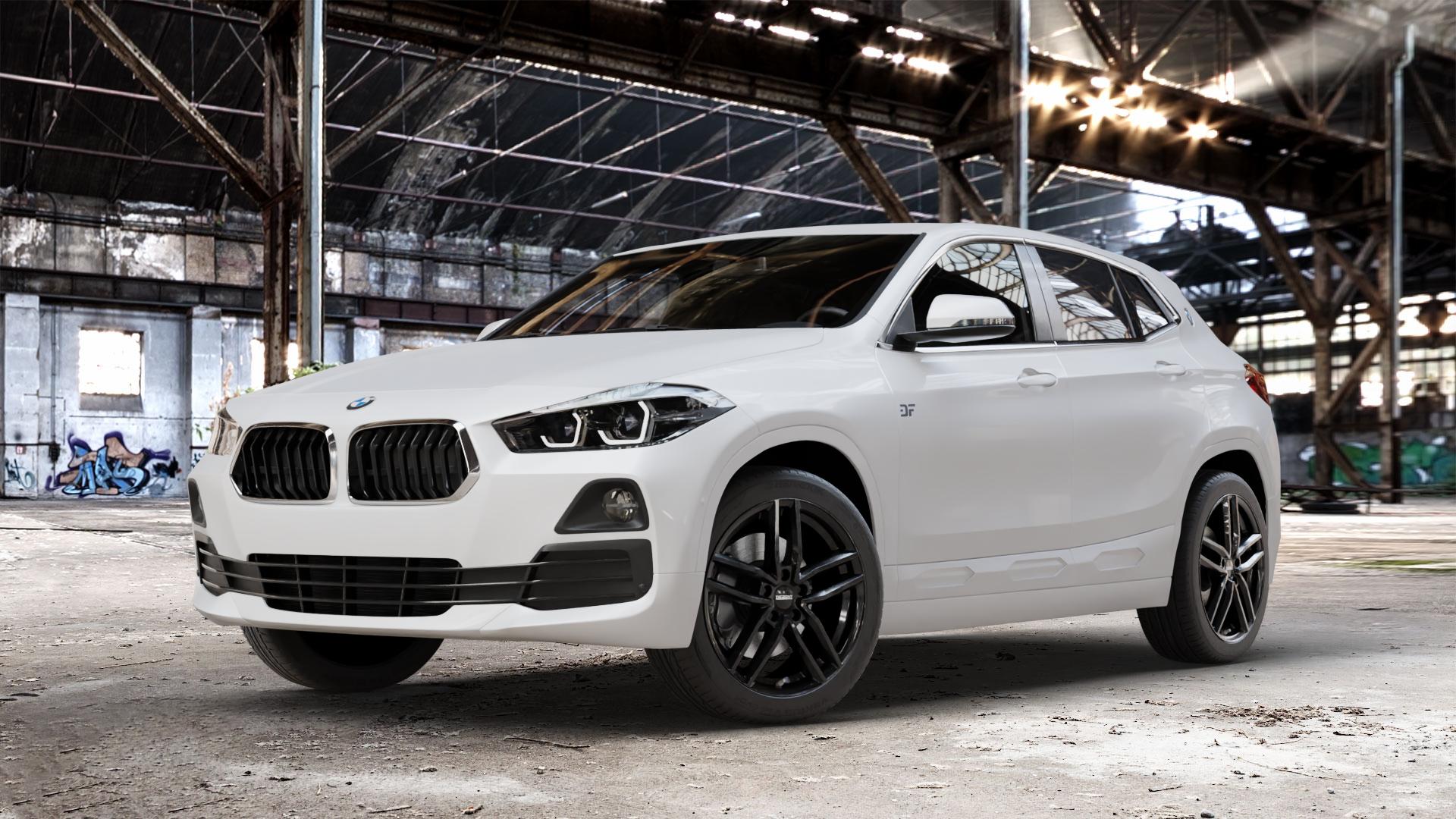 DEZENT TR BLACK Felge mit Reifen schwarz in 18Zoll Winterfelge Alufelge auf weissem BMW X2 Typ F39 (F2X) ⬇️ mit 15mm Tieferlegung ⬇️ Old Industrial Hall_max_4400mm_2024 Frontansicht_1