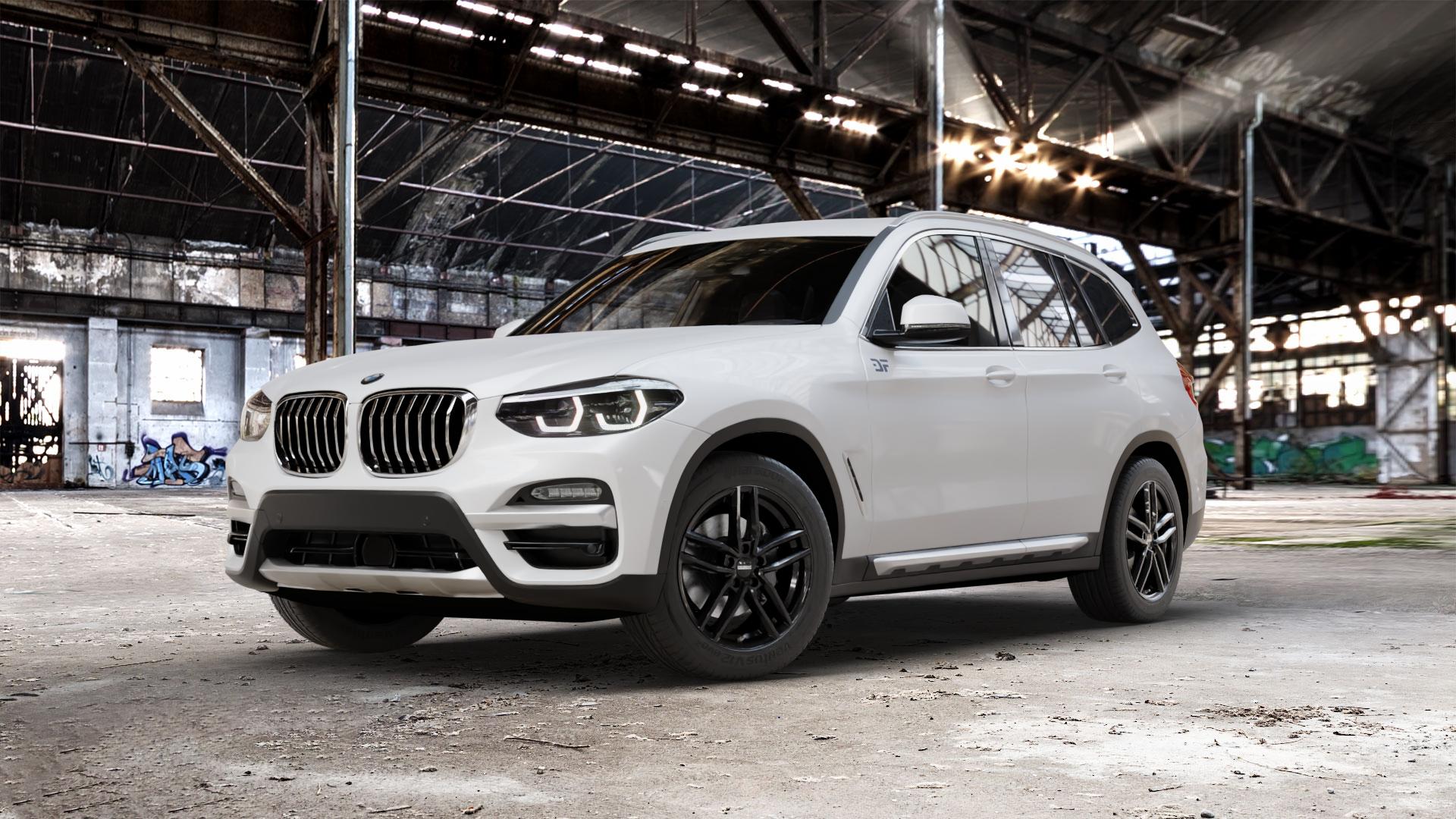 DEZENT TR BLACK Felge mit Reifen schwarz in 18Zoll Winterfelge Alufelge auf weissem BMW X3 Typ G01 (G3X) ⬇️ mit 15mm Tieferlegung ⬇️ Old Industrial Hall_max_5300mm_2024 Frontansicht_1