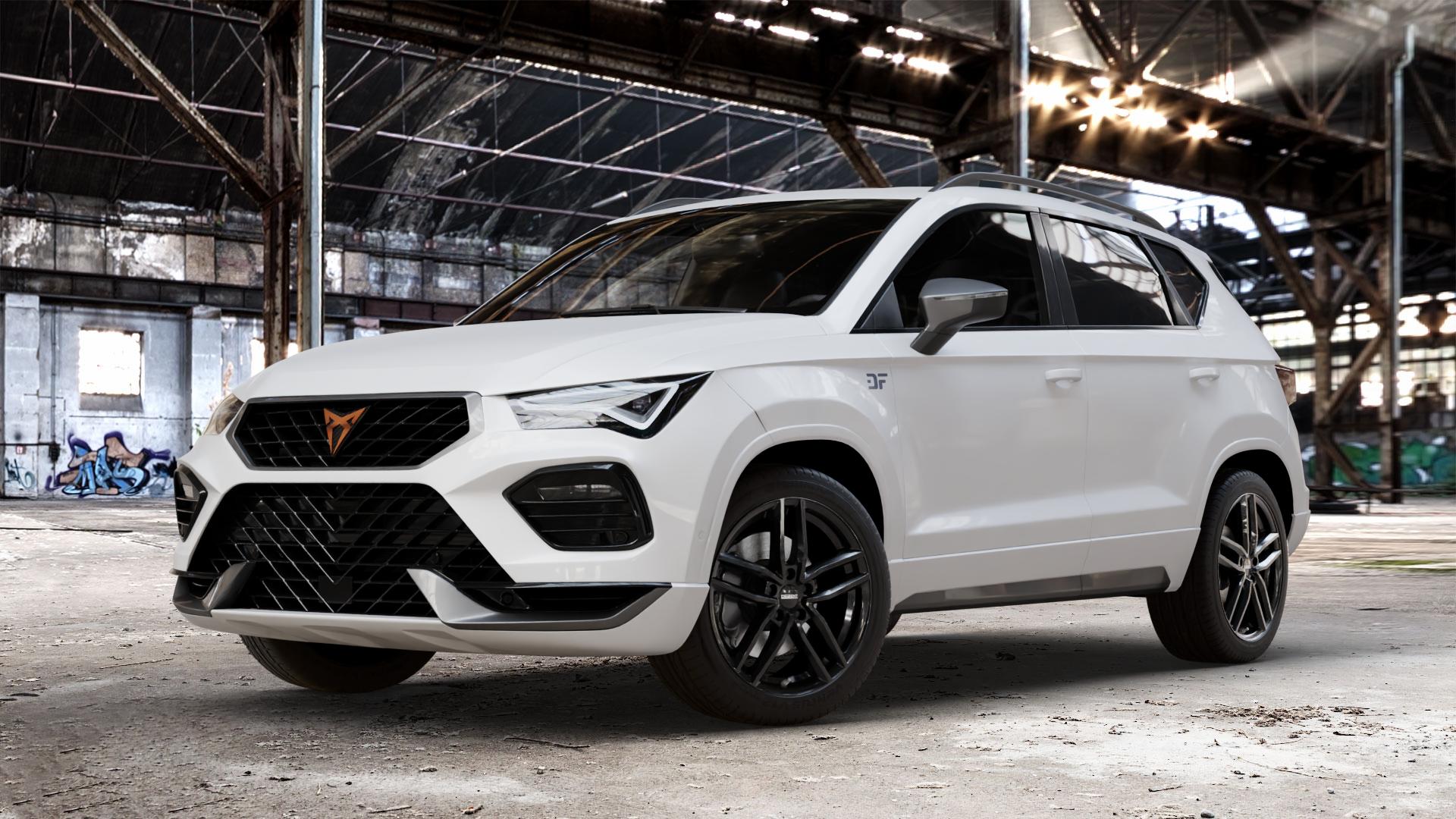 DEZENT TR BLACK Felge mit Reifen schwarz in 18Zoll Winterfelge Alufelge auf weissem Cupra Ateca Typ 5FP Facelift ⬇️ mit 15mm Tieferlegung ⬇️ Old Industrial Hall_max_4400mm_2024 Frontansicht_1