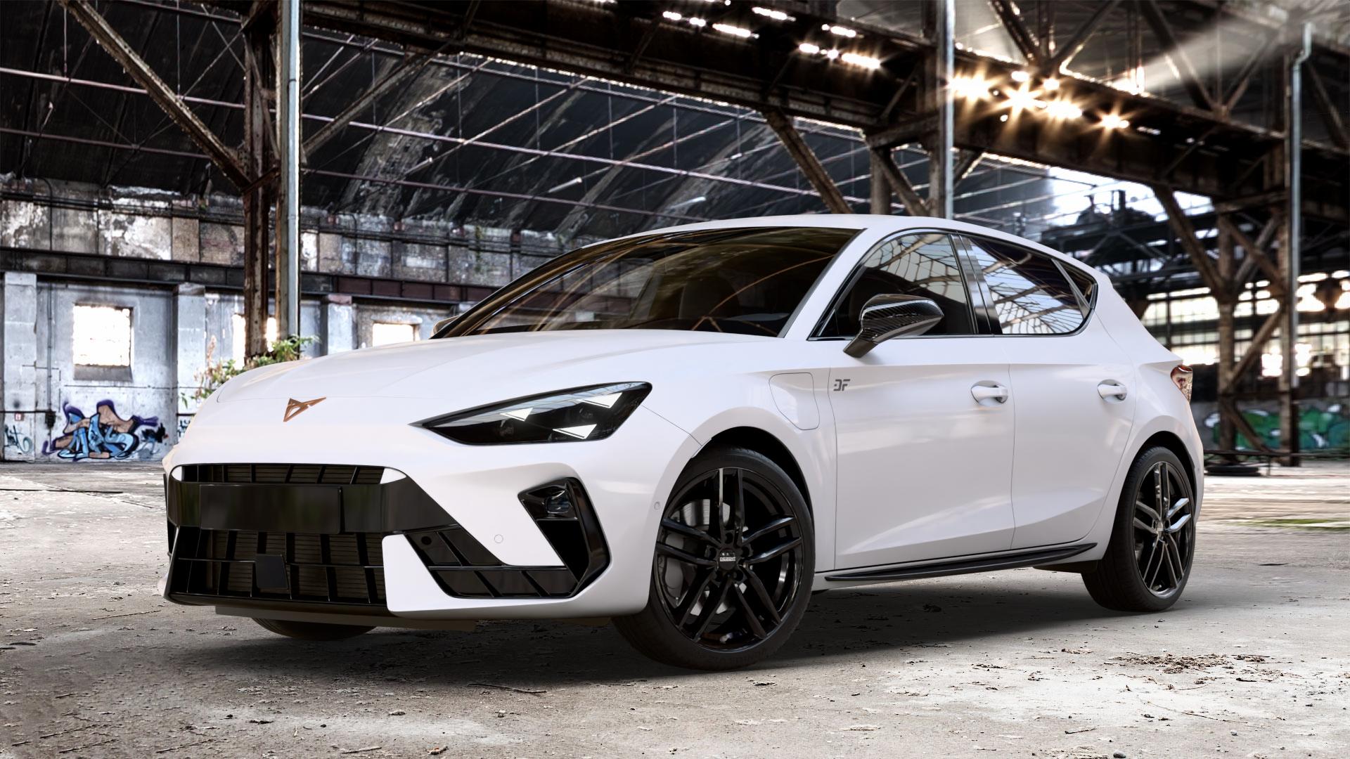 DEZENT TR BLACK Felge mit Reifen schwarz in 18Zoll Winterfelge Alufelge auf weissem Cupra Leon Typ KL Facelift ⬇️ mit 15mm Tieferlegung ⬇️ Old Industrial Hall_max_4400mm_2024 Frontansicht_1