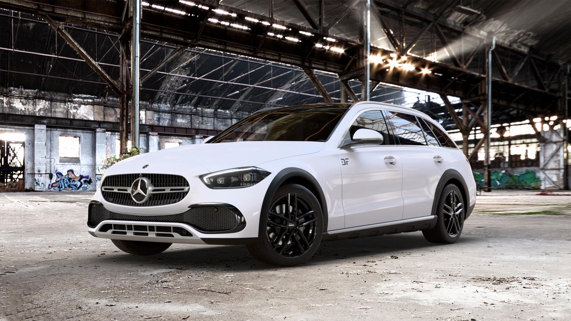 DEZENT TR BLACK Felge mit Reifen schwarz in 18Zoll Winterfelge Alufelge auf weissem Mercedes C-Klasse Typ S206 All-Terrain 1,5l C 200 4Matic 150kW Mild-Hybrid (204 PS) 2,0l 220d 145kW (197 ⬇️ mit 15mm Tieferlegung ⬇️ Old Industrial Hall_max_5300mm_2024 Frontansicht_1