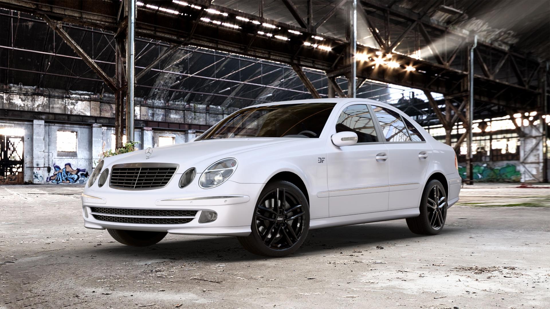DEZENT TR BLACK Felge mit Reifen schwarz in 18Zoll Winterfelge Alufelge auf weissem Mercedes E-Klasse Typ W211 Limousine ⬇️ mit 15mm Tieferlegung ⬇️ Old Industrial Hall_max_5300mm_2024 Frontansicht_1