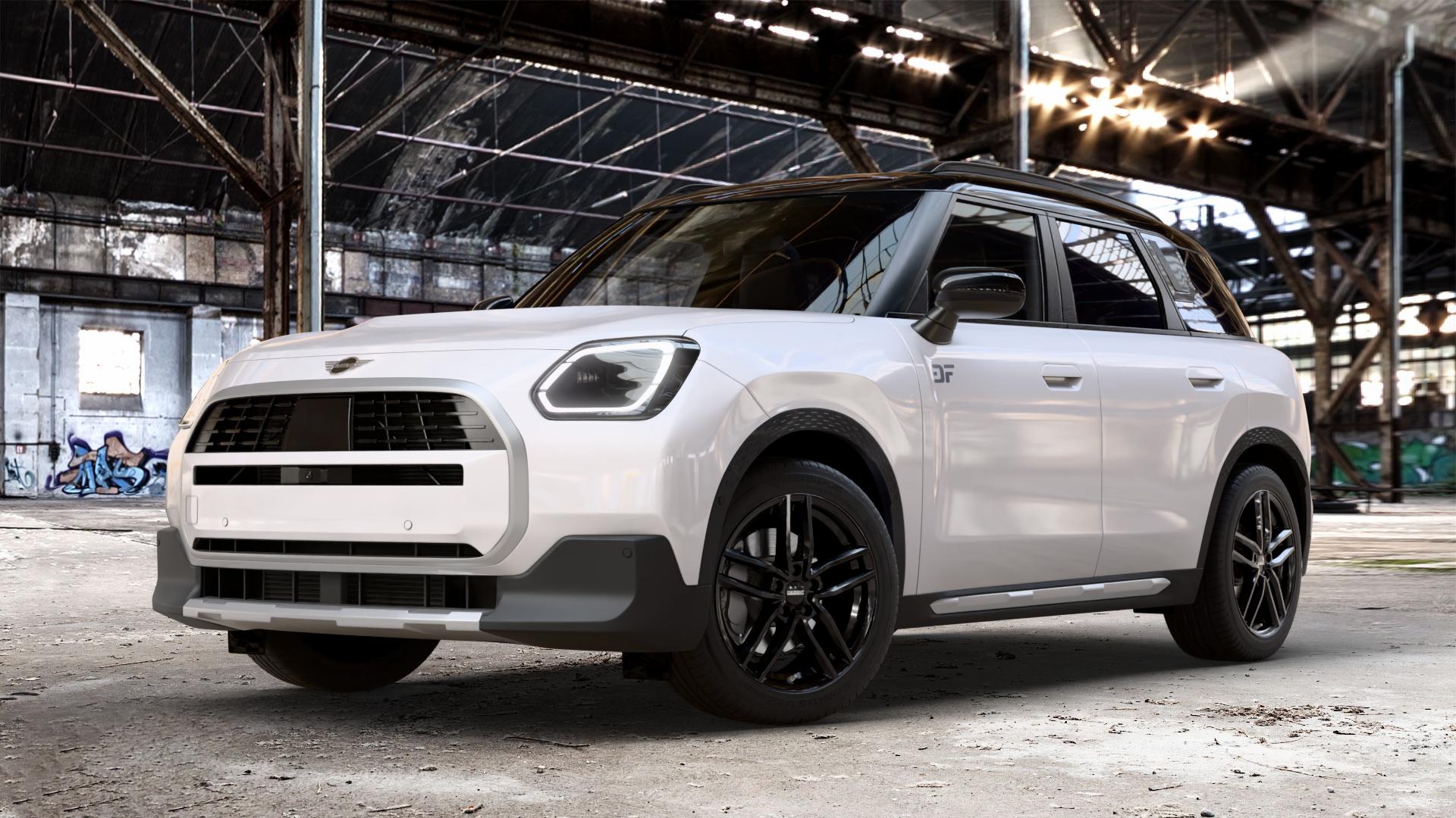 DEZENT TR BLACK Felge mit Reifen schwarz in 18Zoll Winterfelge Alufelge auf weissem Mini U25 Typ UMX (Countryman) 1,5l C 100kW Mild-Hybrid (136 PS) 115kW (156 2,0l JCW ALL4 221kW (300 D 110kW (150 0,0l E 68kW (92 S 150kW (204 SE 104kW (141 ⬇️ mit 15mm Tieferlegung ⬇️ Old Industrial Hall_max_4400mm_2024 Frontansicht_1