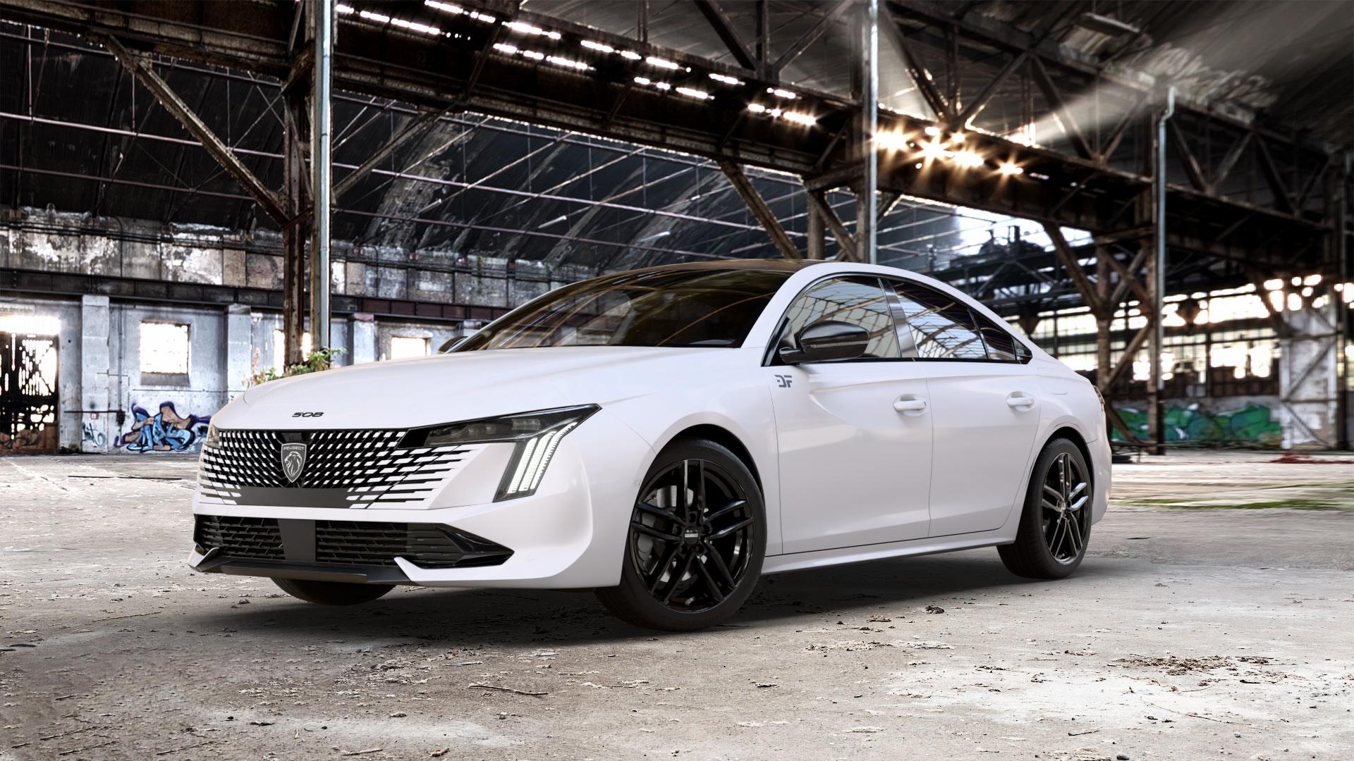 DEZENT TR BLACK Felge mit Reifen schwarz in 18Zoll Winterfelge Alufelge auf weissem Peugeot 508 Typ F Limousine Facelift ⬇️ mit 15mm Tieferlegung ⬇️ Old Industrial Hall_max_5300mm_2024 Frontansicht_1