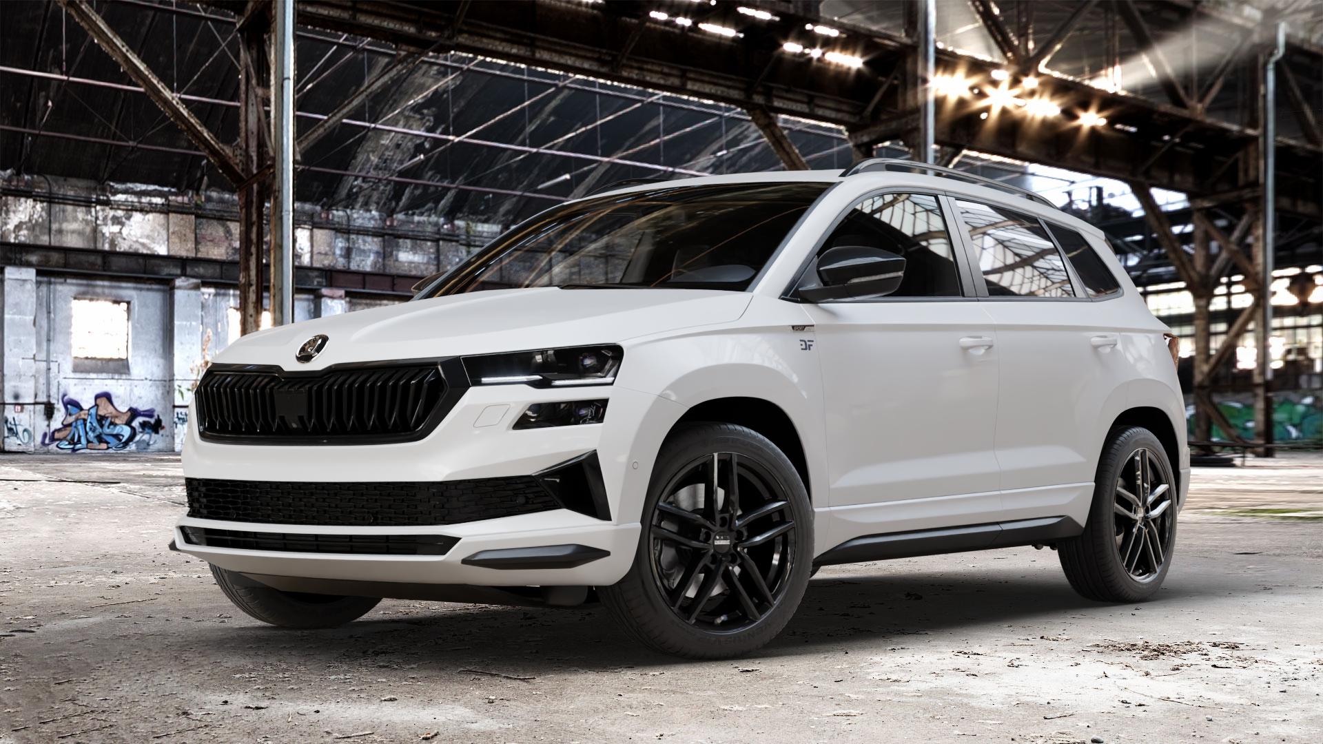 DEZENT TR BLACK Felge mit Reifen schwarz in 18Zoll Winterfelge Alufelge auf weissem Skoda Karoq Typ NU Facelift ⬇️ mit 15mm Tieferlegung ⬇️ Old Industrial Hall_max_4400mm_2024 Frontansicht_1