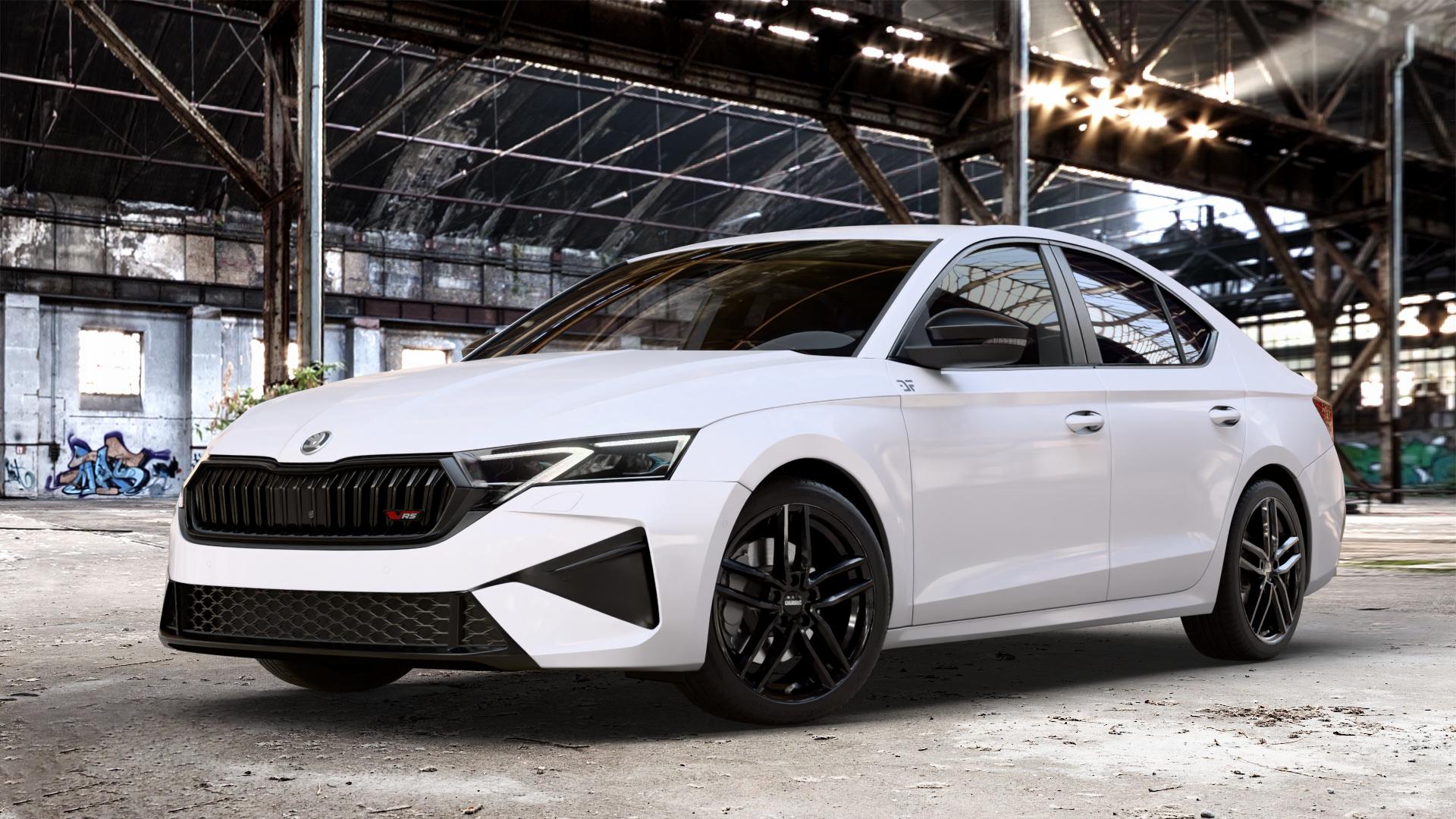 DEZENT TR BLACK Felge mit Reifen schwarz in 18Zoll Winterfelge Alufelge auf weissem Skoda Octavia IV Limousine Typ NX Facelift 2,0l TSI 195kW RS (265 PS) ⬇️ mit 15mm Tieferlegung ⬇️ Old Industrial Hall_max_4400mm_2024 Frontansicht_1