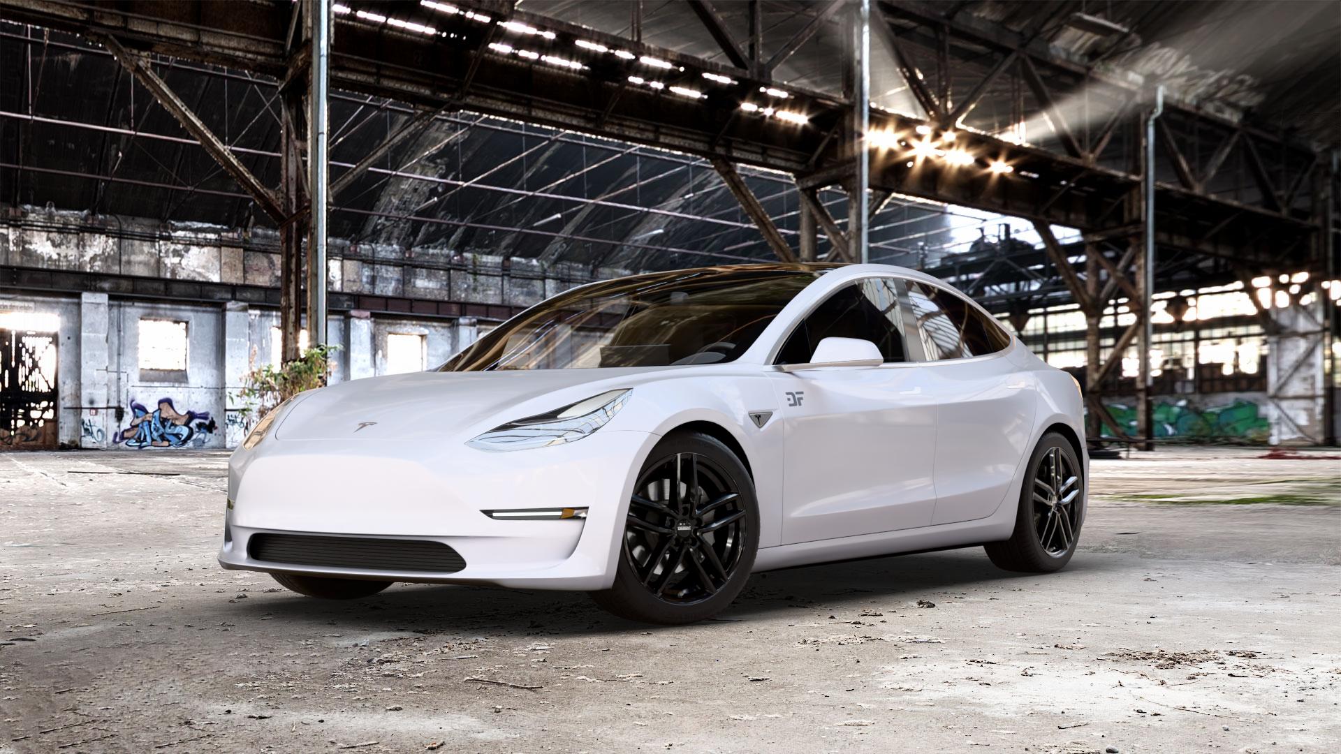 DEZENT TR BLACK Felge mit Reifen schwarz in 18Zoll Winterfelge Alufelge auf weissem Tesla Model 3 Typ 003 ⬇️ mit 15mm Tieferlegung ⬇️ Old Industrial Hall_max_5300mm_2024 Frontansicht_1