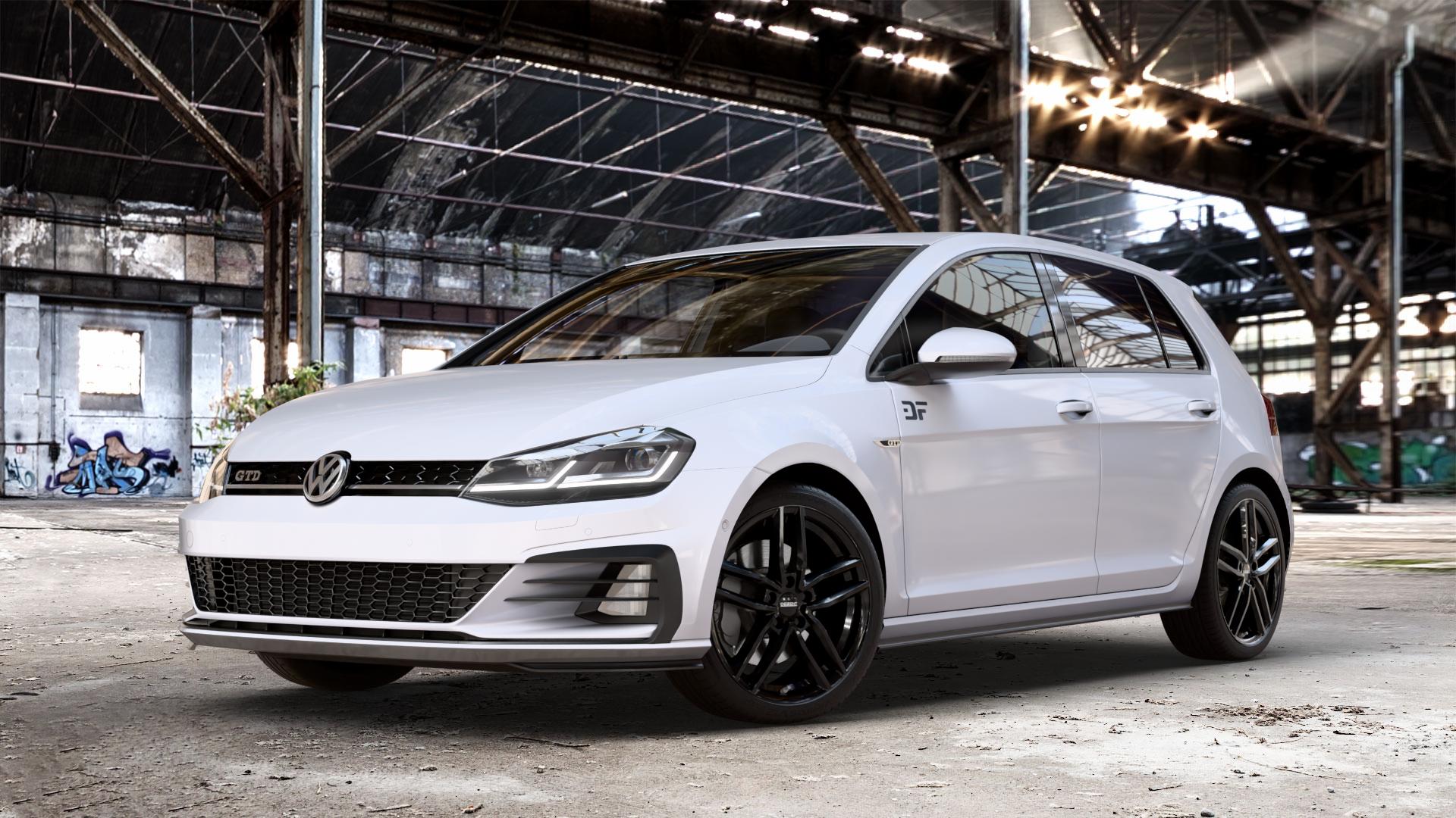 DEZENT TR BLACK Felge mit Reifen schwarz in 18Zoll Winterfelge Alufelge auf weissem Volkswagen (VW) Golf 7 2,0l GTD 135kW (184 PS) Facelift ⬇️ mit 15mm Tieferlegung ⬇️ Old Industrial Hall_max_4400mm_2024 Frontansicht_1