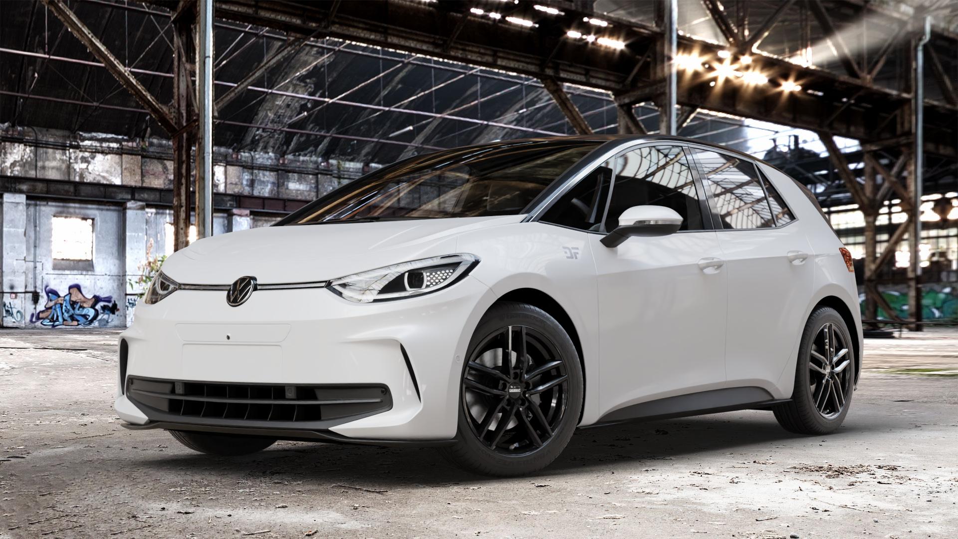 DEZENT TR BLACK Felge mit Reifen schwarz in 18Zoll Winterfelge Alufelge auf weissem Volkswagen (VW) ID.3 Facelift ⬇️ mit 15mm Tieferlegung ⬇️ Old Industrial Hall_max_4400mm_2024 Frontansicht_1