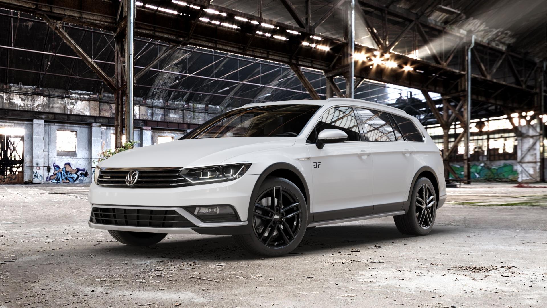 DEZENT TR BLACK Felge mit Reifen schwarz in 18Zoll Winterfelge Alufelge auf weissem Volkswagen (VW) Passat 3C/B8 Alltrack ⬇️ mit 15mm Tieferlegung ⬇️ Old Industrial Hall_max_5300mm_2024 Frontansicht_1