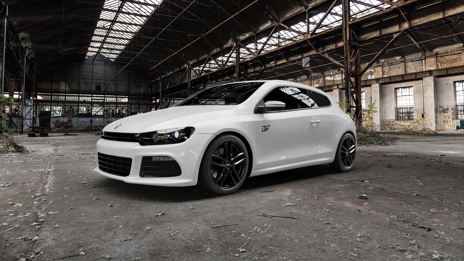 DEZENT TR BLACK Felge mit Reifen schwarz in 18Zoll Winterfelge Alufelge auf weissem Volkswagen (VW) Scirocco III Typ 13 2,0l TSI R 195kW (265 PS) 188kW (256 ⬇️ mit 15mm Tieferlegung ⬇️ Old Industrial Hall_max5000mm_2022 Frontansicht_1