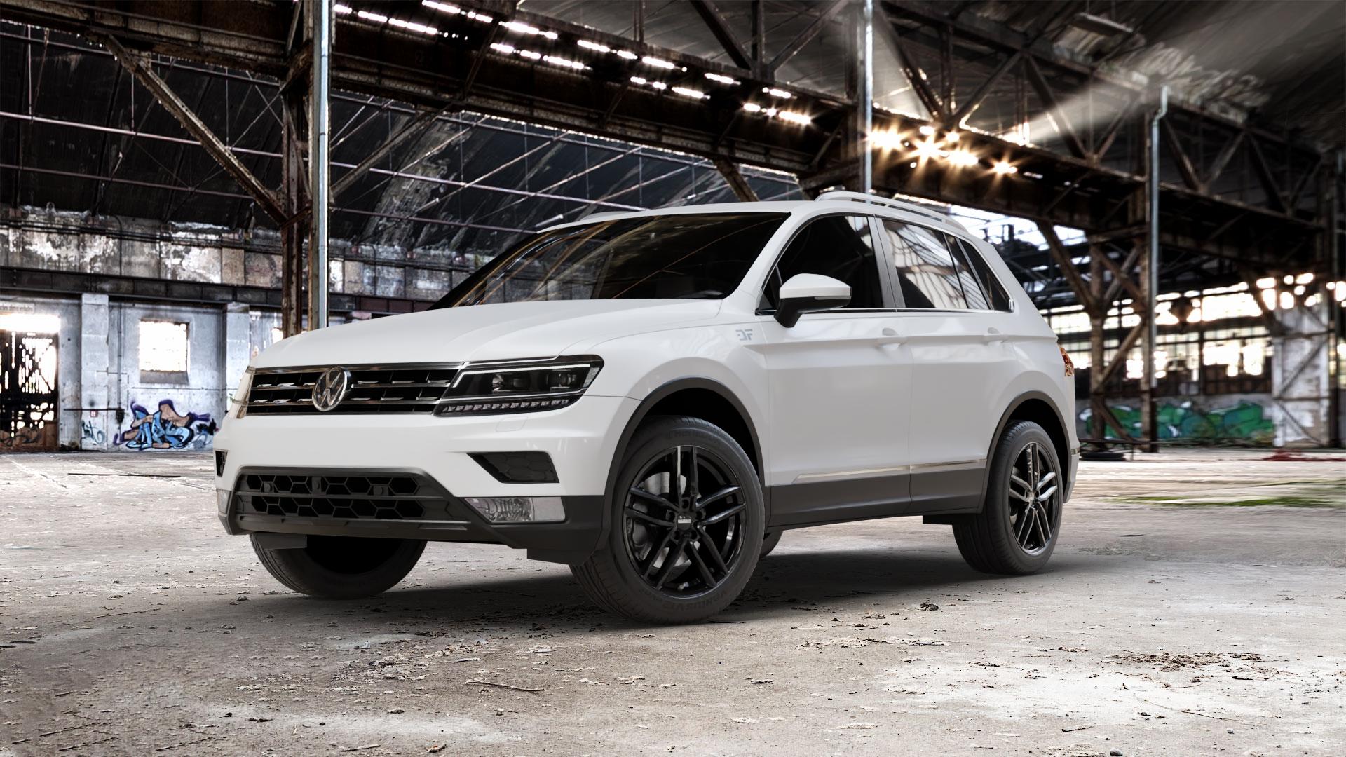 DEZENT TR BLACK Felge mit Reifen schwarz in 18Zoll Winterfelge Alufelge auf weissem Volkswagen (VW) Tiguan II Typ 5N 2,0l TSI 4Motion 132kW (179 PS) TDI 110kW (150 1,4l 92kW (125 85kW (116 1,5l 96kW (131 1,6l ⬇️ mit 15mm Tieferlegung ⬇️ Old Industrial Hall_max_5300mm_2024 Frontansicht_1