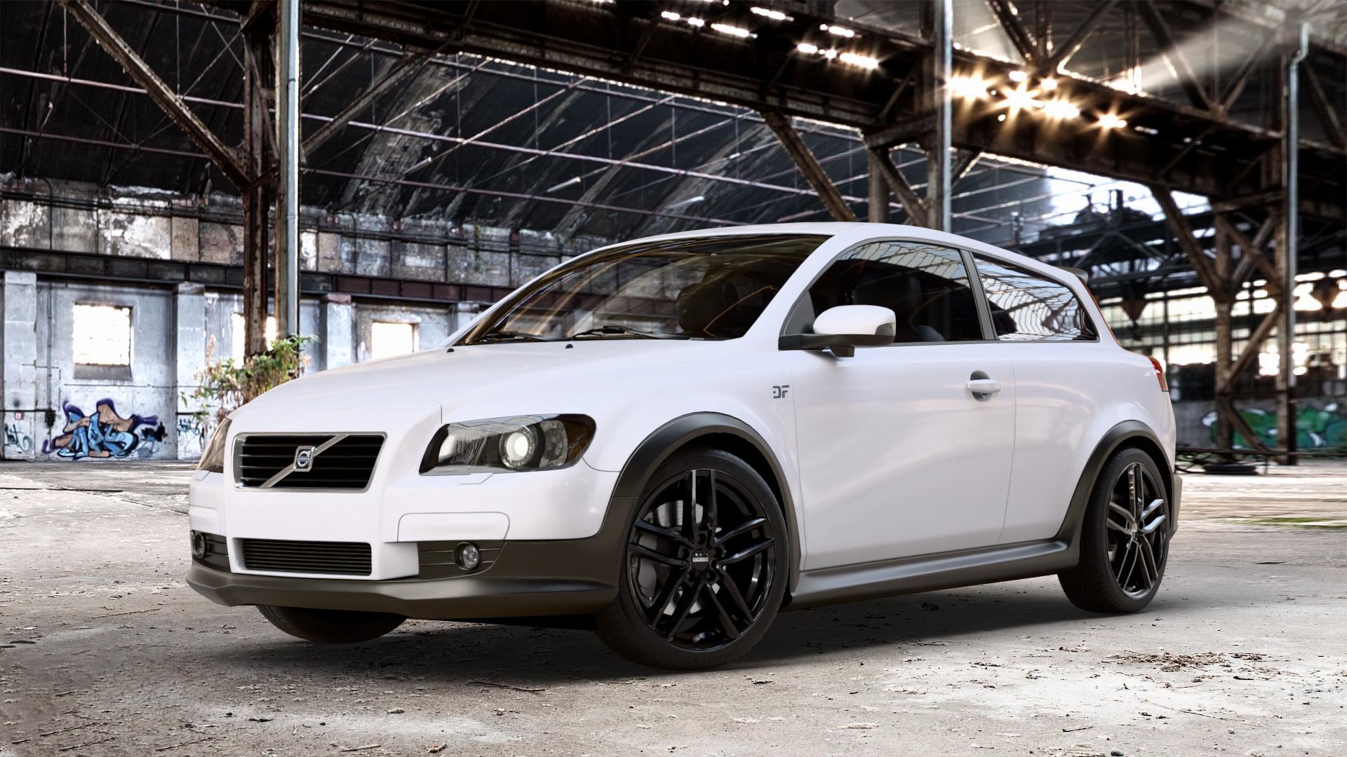 DEZENT TR BLACK Felge mit Reifen schwarz in 18Zoll Winterfelge Alufelge auf weissem Volvo C30 ⬇️ mit 15mm Tieferlegung ⬇️ Old Industrial Hall_max_4400mm_2024 Frontansicht_1