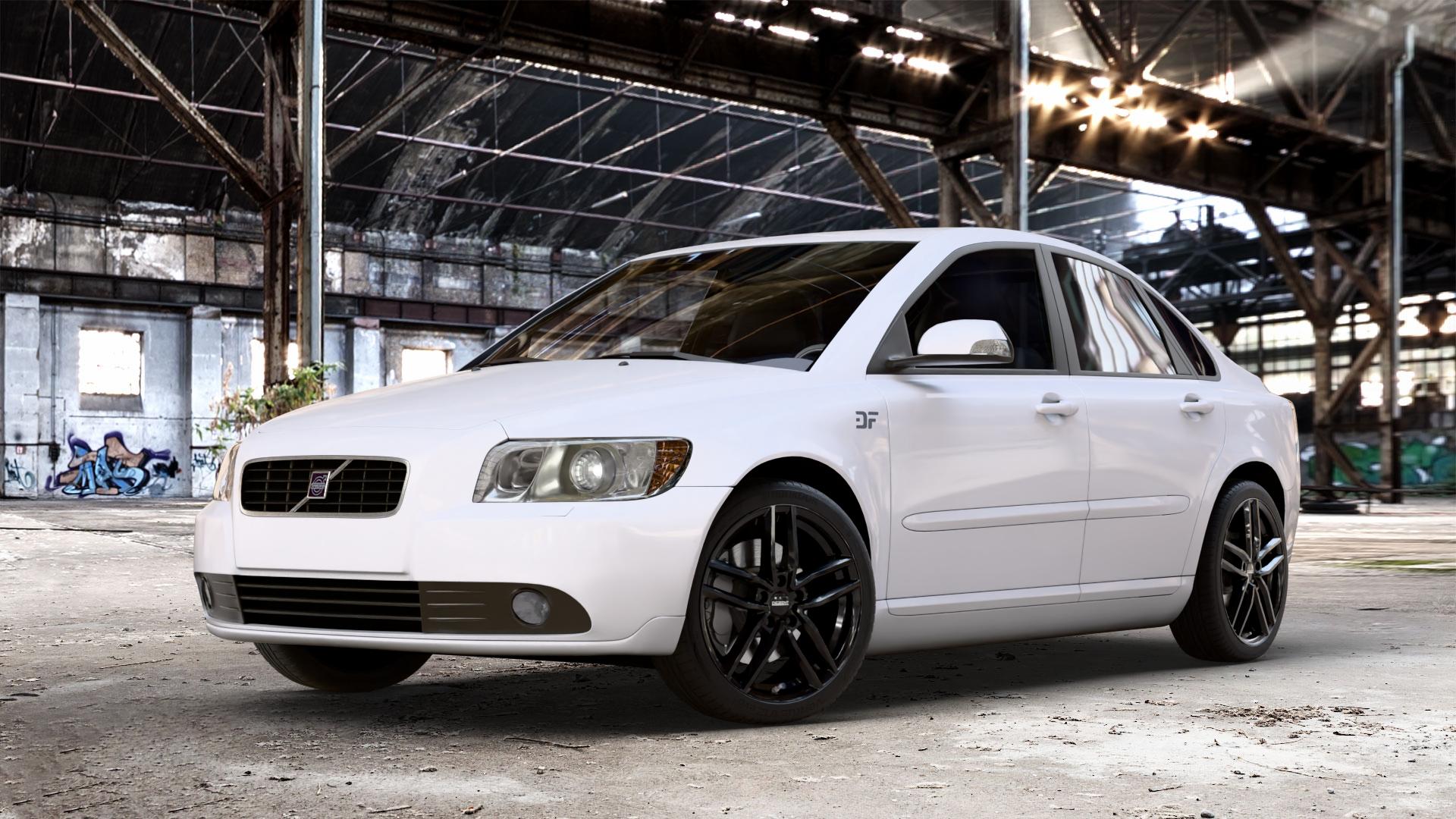 DEZENT TR BLACK Felge mit Reifen schwarz in 18Zoll Winterfelge Alufelge auf weissem Volvo S40 II Typ M ⬇️ mit 15mm Tieferlegung ⬇️ Old Industrial Hall_max_4400mm_2024 Frontansicht_1