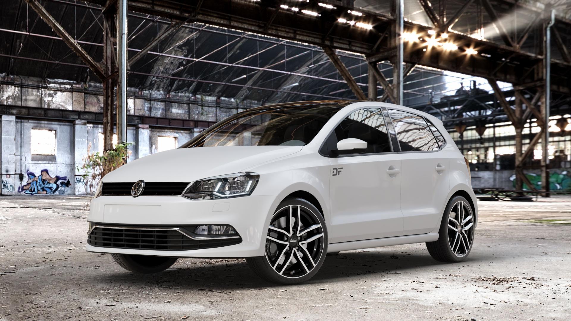 DEZENT TR BLACK/POLISHED Felge mit Reifen silber schwarz in 17Zoll Winterfelge Alufelge auf weissem Volkswagen (VW) Polo V Typ 6C ⬇️ mit 15mm Tieferlegung ⬇️ Old Industrial Hall_max_4400mm_2024 Frontansicht_1