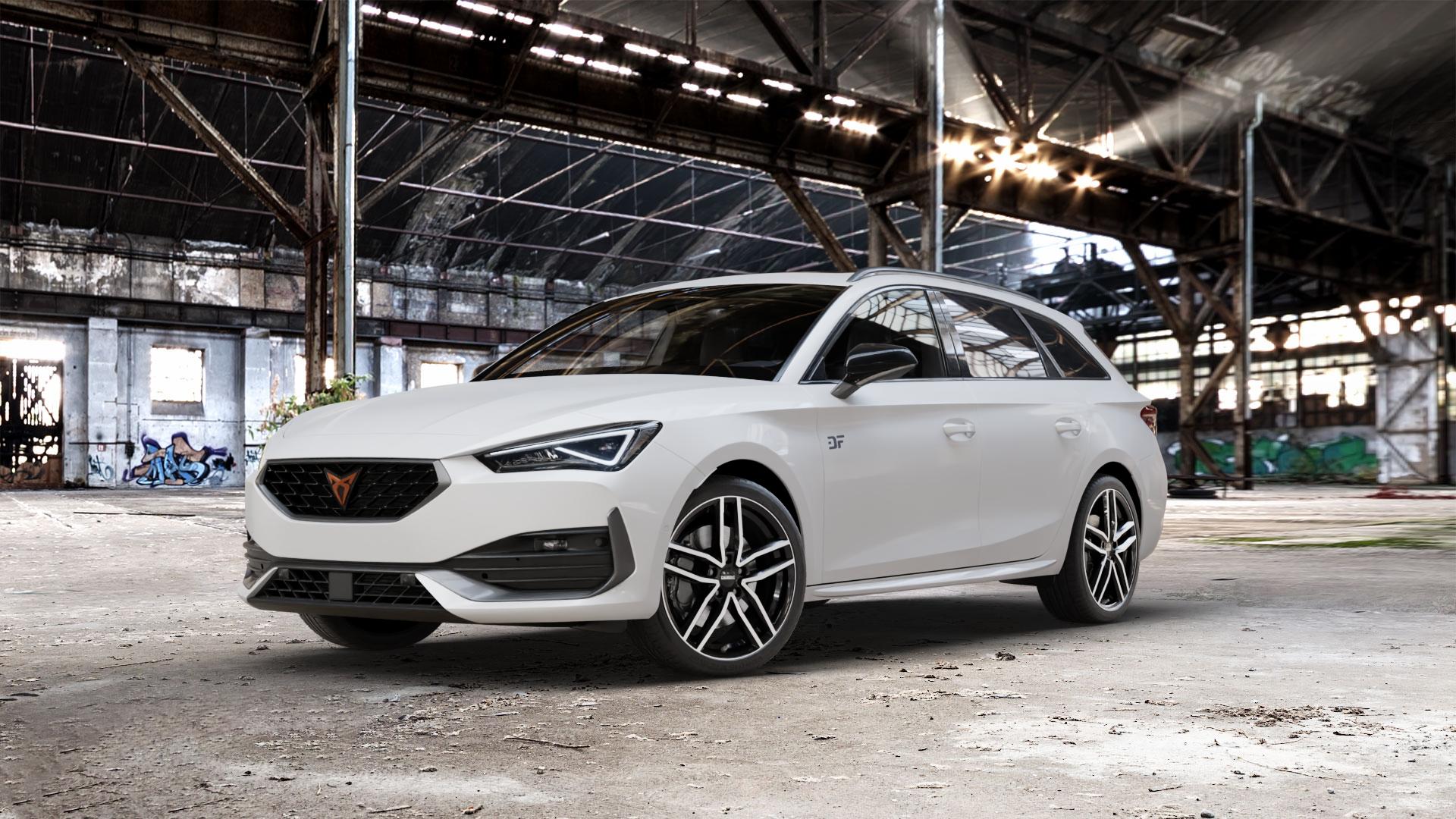 DEZENT TR BLACK/POLISHED Felge mit Reifen silber schwarz in 18Zoll Winterfelge Alufelge auf weissem Cupra Leon Typ KL ST ⬇️ mit 15mm Tieferlegung ⬇️ Old Industrial Hall_max_5300mm_2024 Frontansicht_1