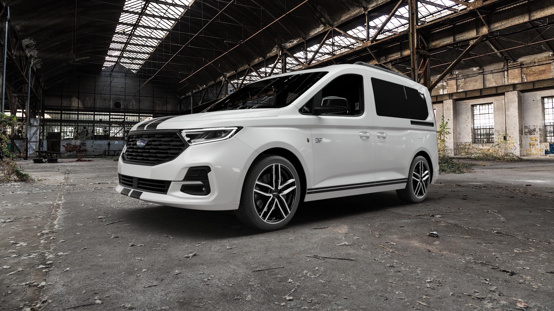 DEZENT TR BLACK/POLISHED Felge mit Reifen silber schwarz in 18Zoll Winterfelge Alufelge auf weissem Ford Tourneo Connect Typ SK SKN ⬇️ mit 15mm Tieferlegung ⬇️ Old Industrial Hall_max5000mm_2022 Frontansicht_1
